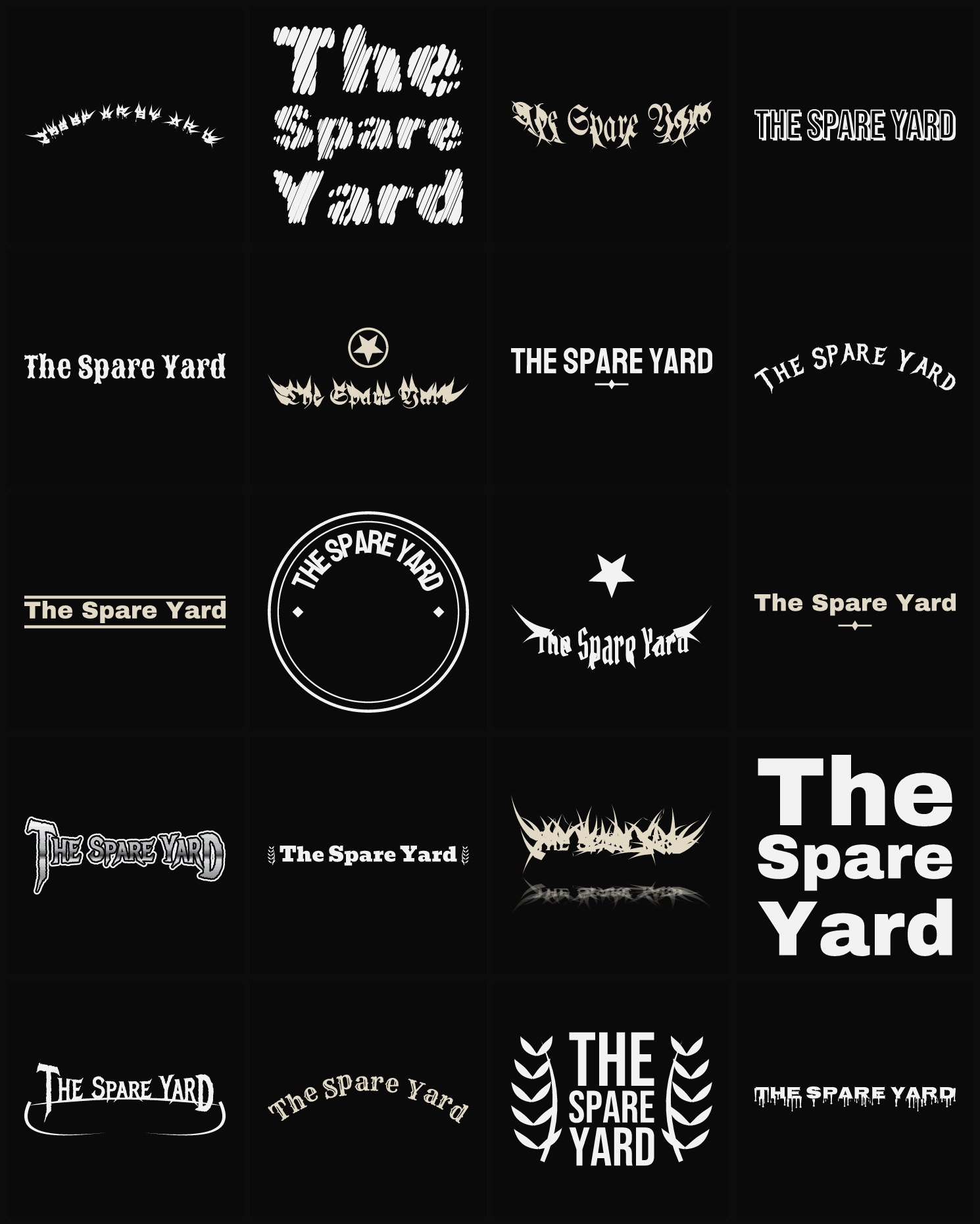 Twenty The Spare Yard band logo ideas — different faces, treatments and spike settings