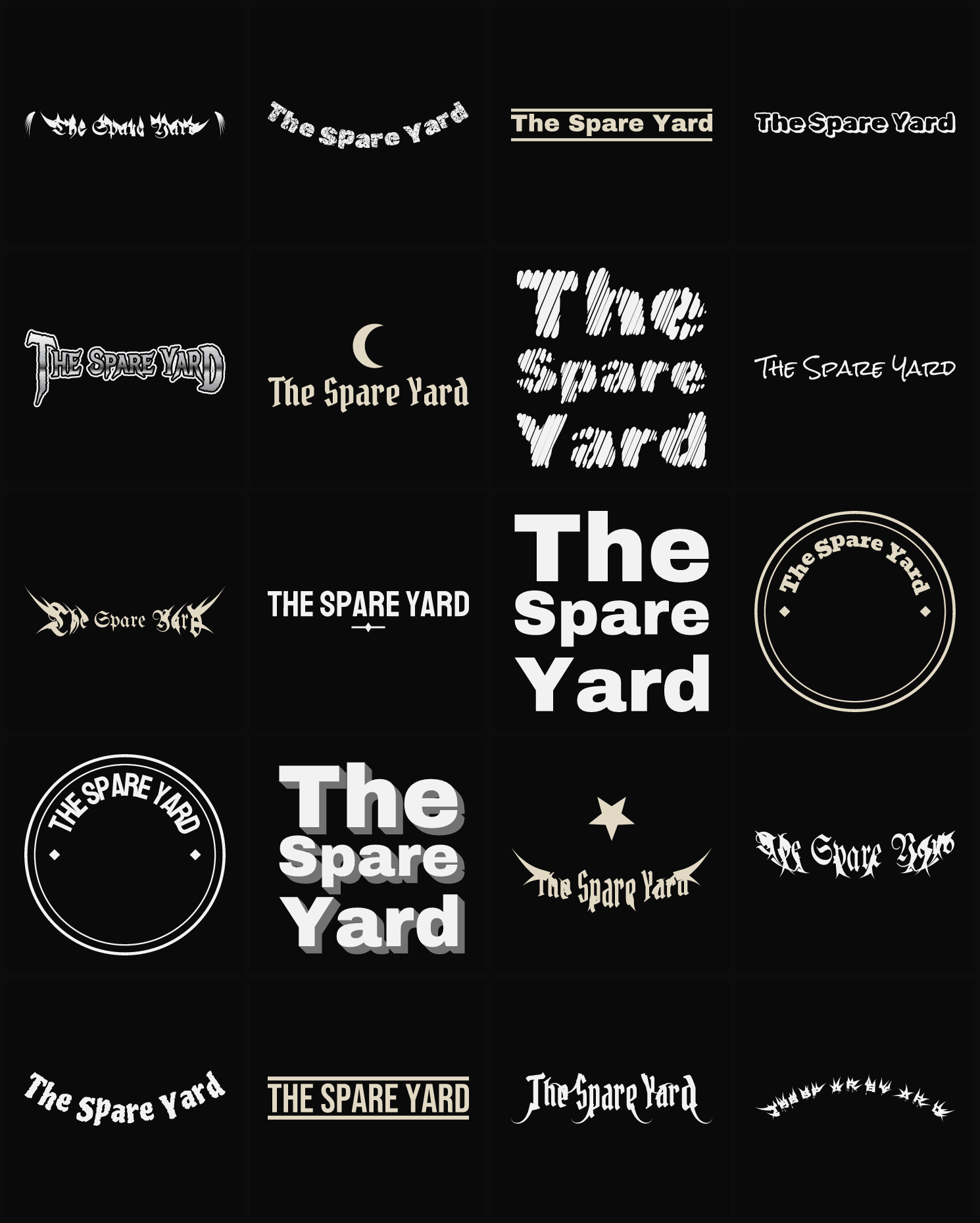 Twenty The Spare Yard band logo ideas — different faces, treatments and spike settings