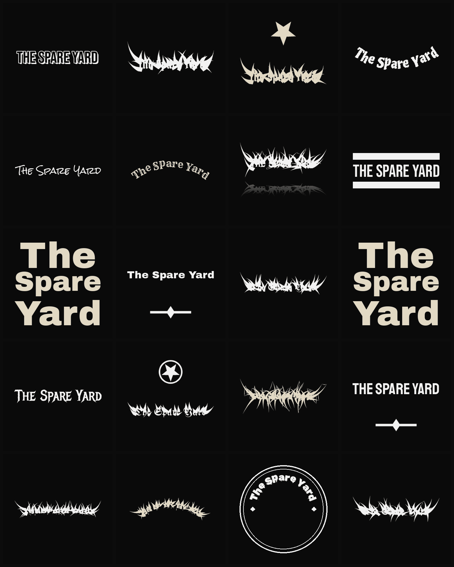 Twenty The Spare Yard band logo ideas — different faces, treatments and spike settings