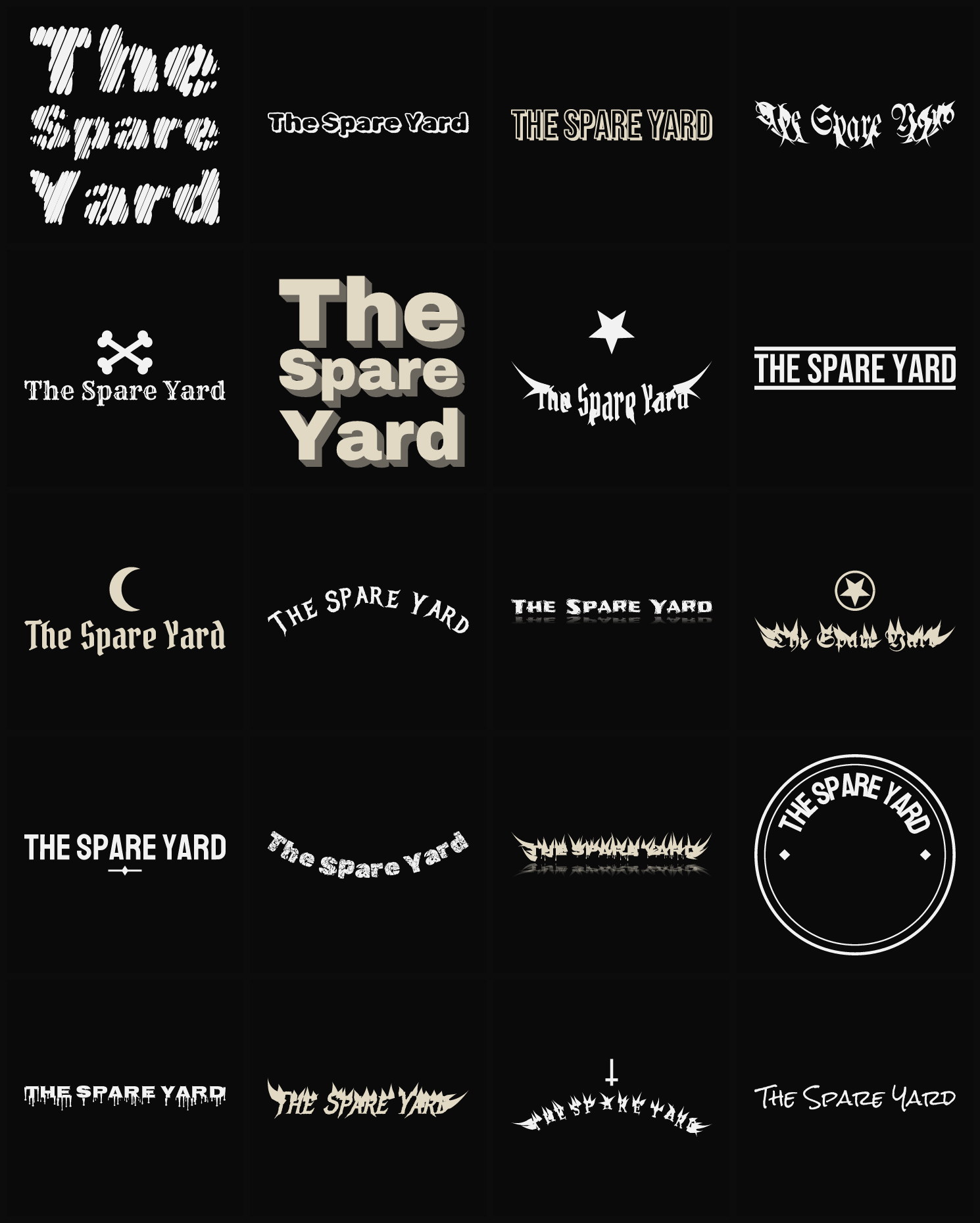 Twenty The Spare Yard band logo ideas — different faces, treatments and spike settings