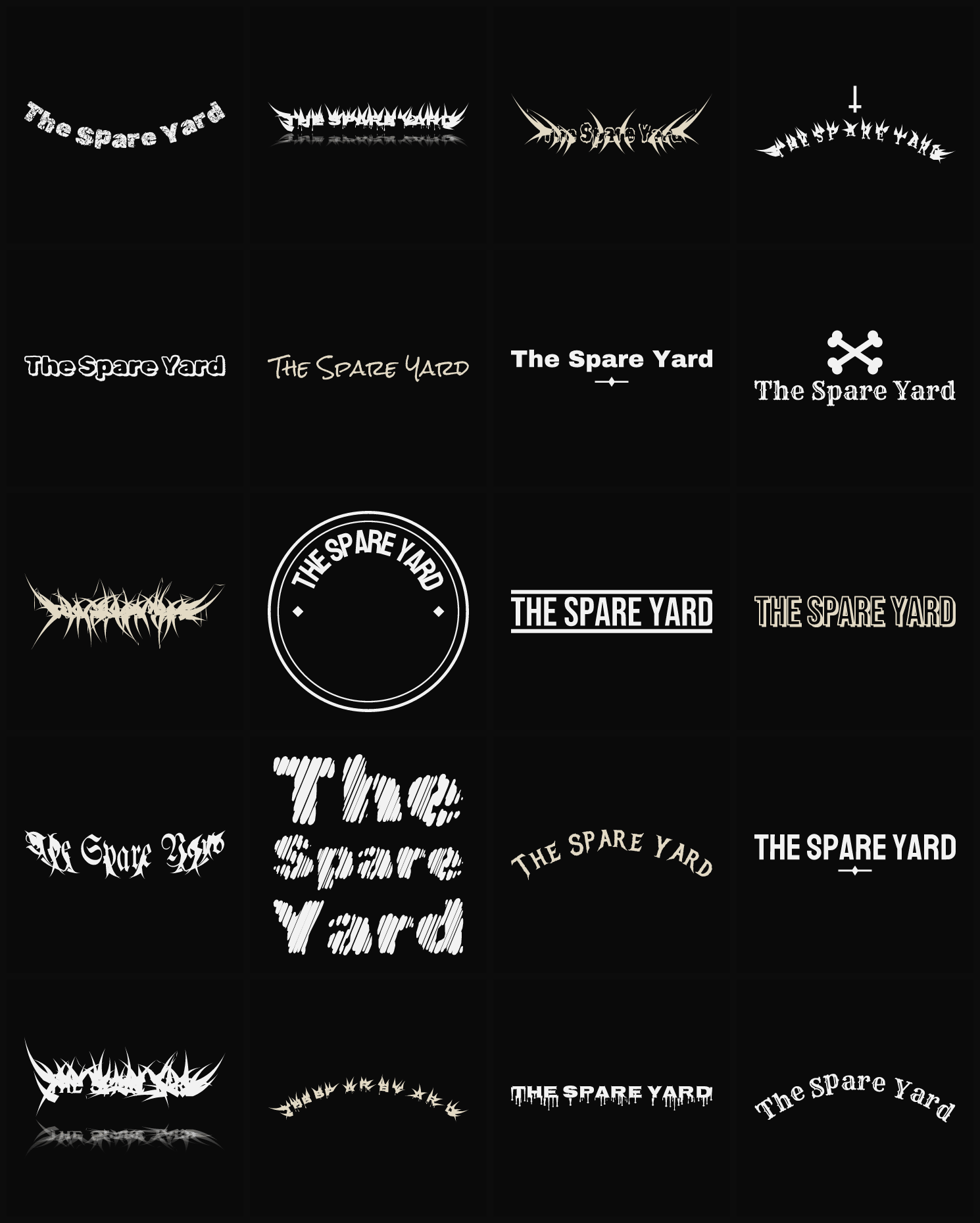 Twenty The Spare Yard band logo ideas — different faces, treatments and spike settings