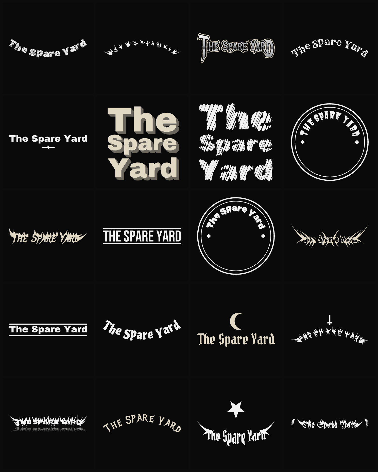 Twenty The Spare Yard band logo ideas — different faces, treatments and spike settings