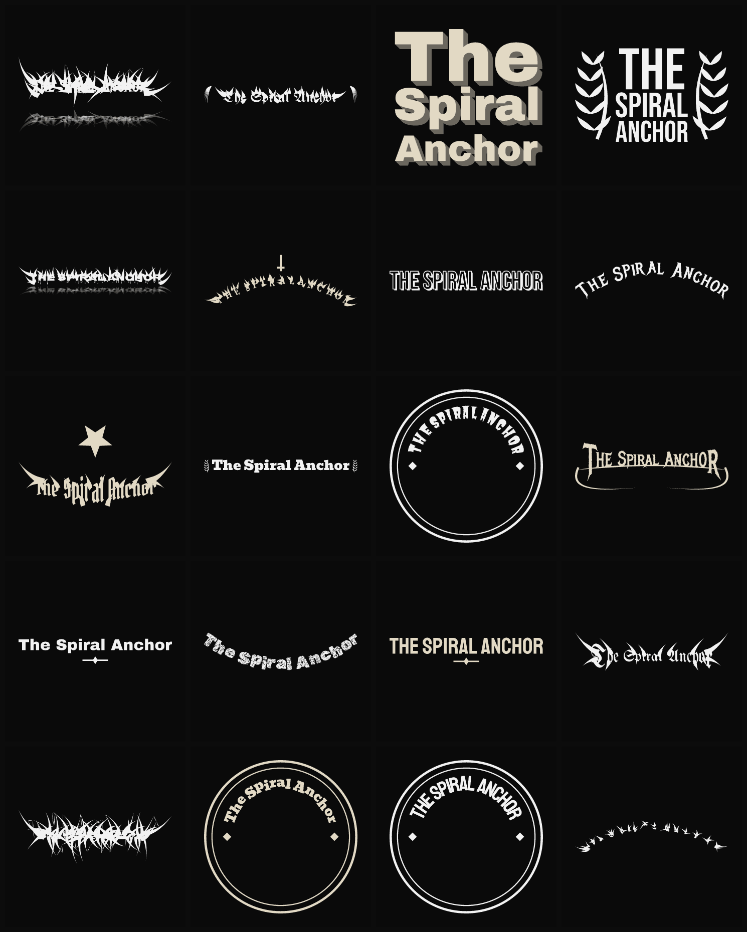 Twenty The Spiral Anchor band logo ideas — different faces, treatments and spike settings