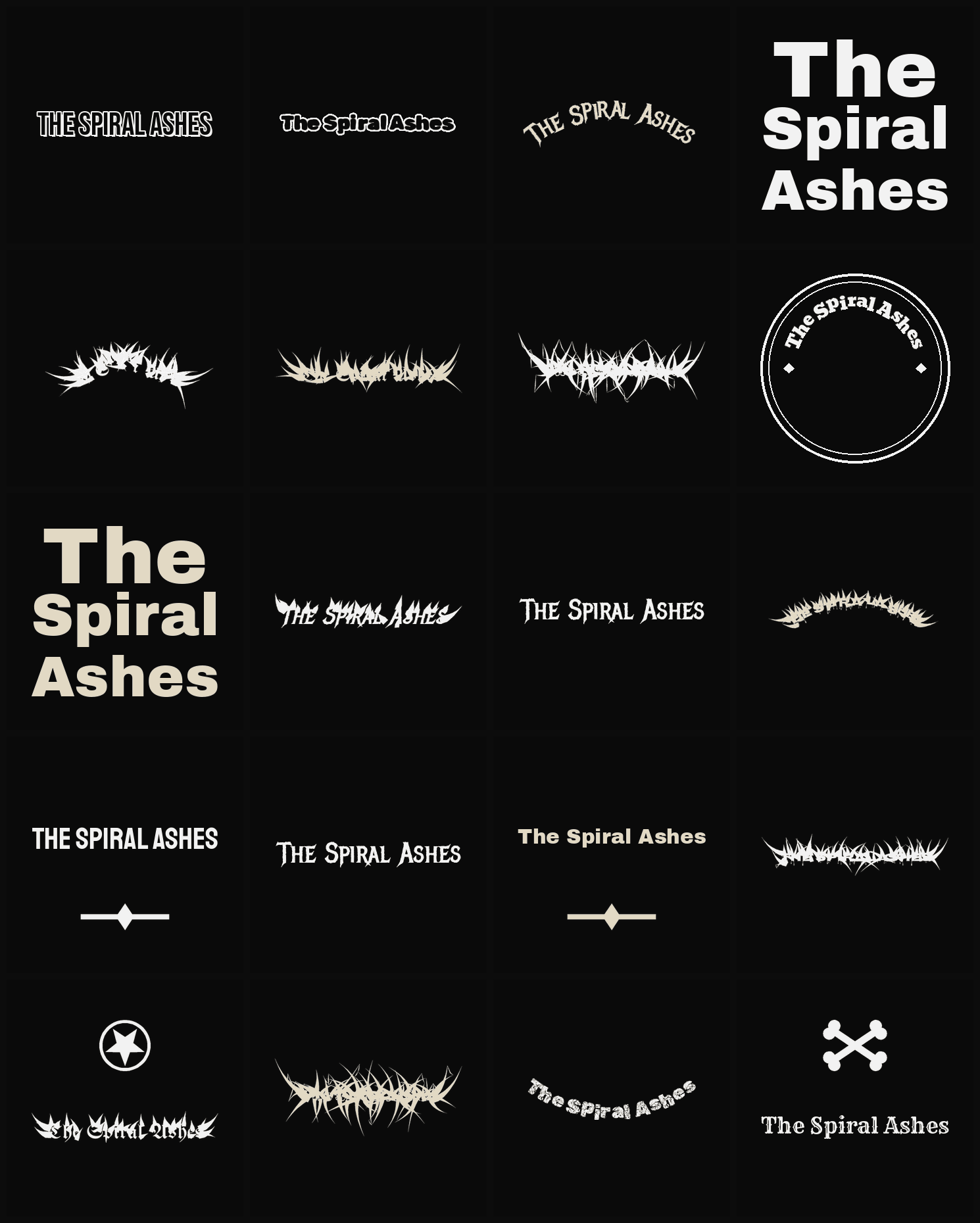 Twenty The Spiral Ashes band logo ideas — different faces, treatments and spike settings