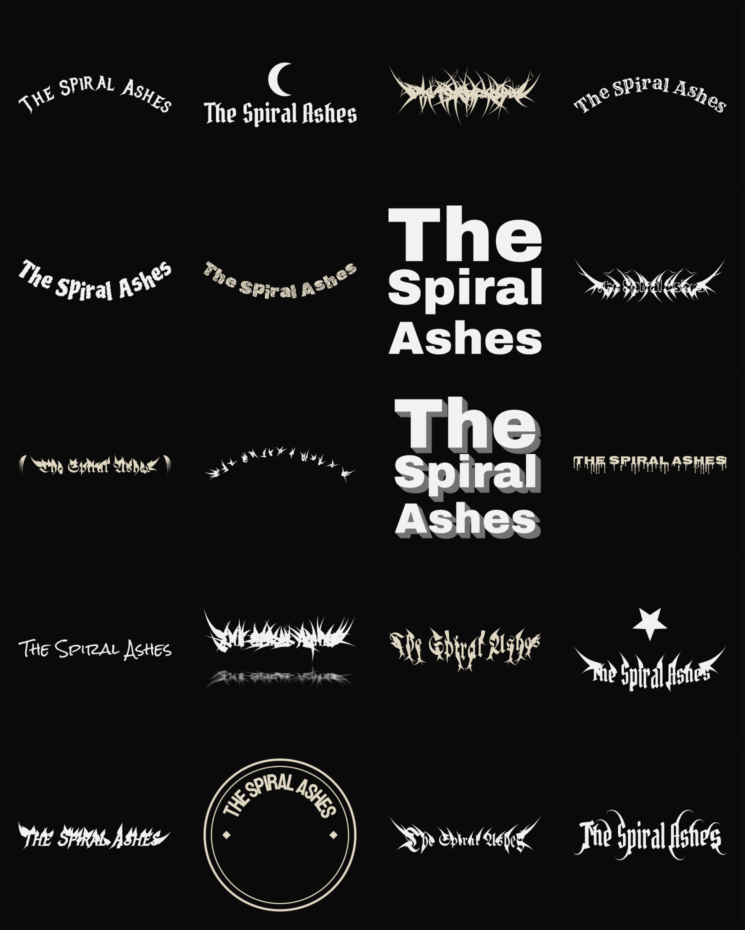 Twenty The Spiral Ashes band logo ideas — different faces, treatments and spike settings