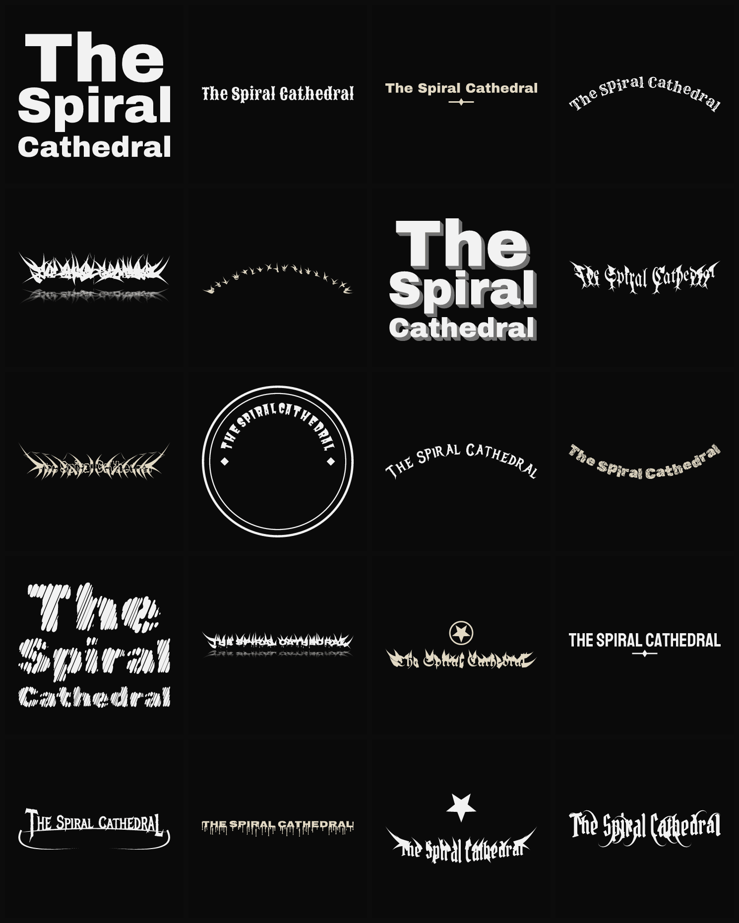 Twenty The Spiral Cathedral band logo ideas — different faces, treatments and spike settings