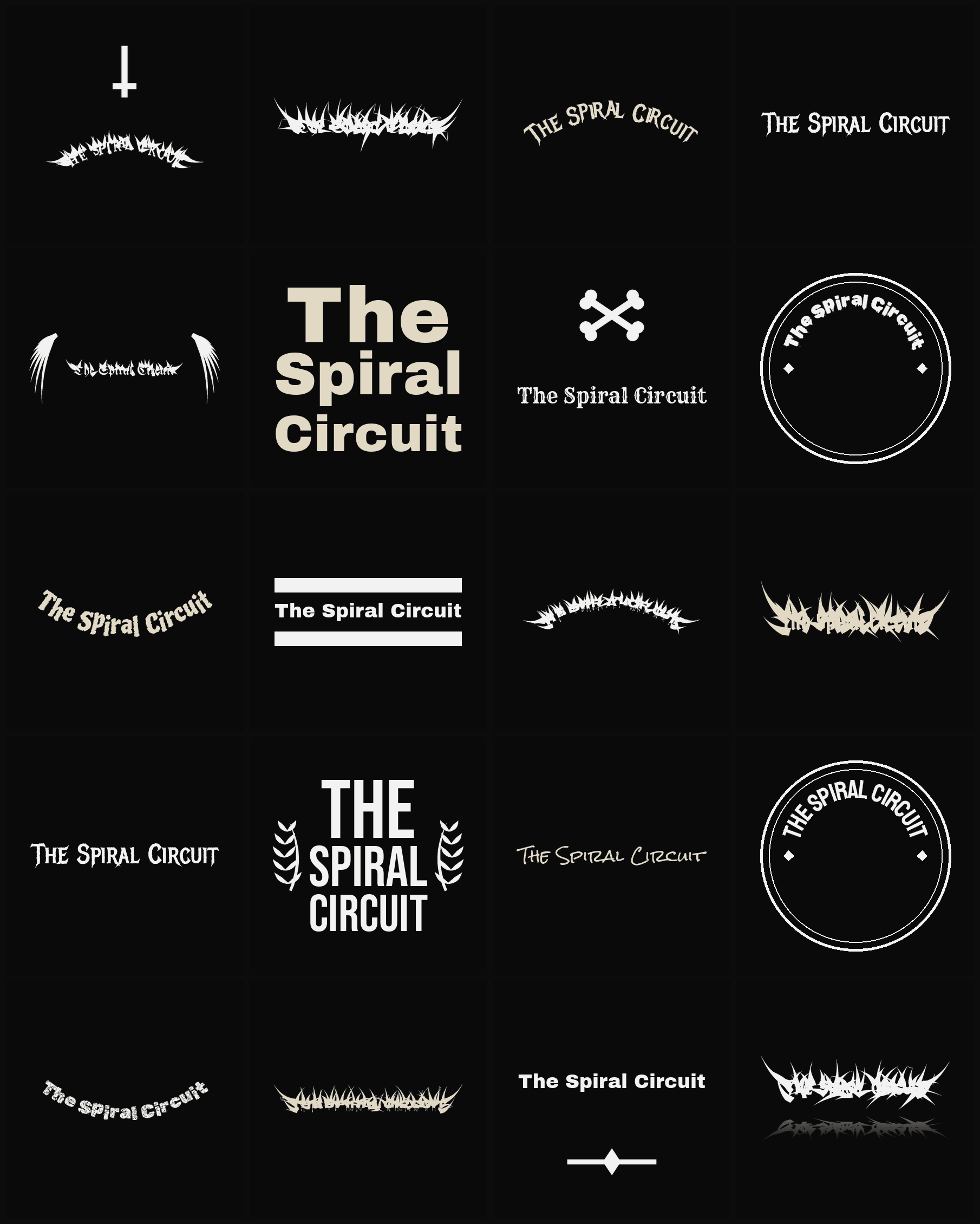 Twenty The Spiral Circuit band logo ideas — different faces, treatments and spike settings