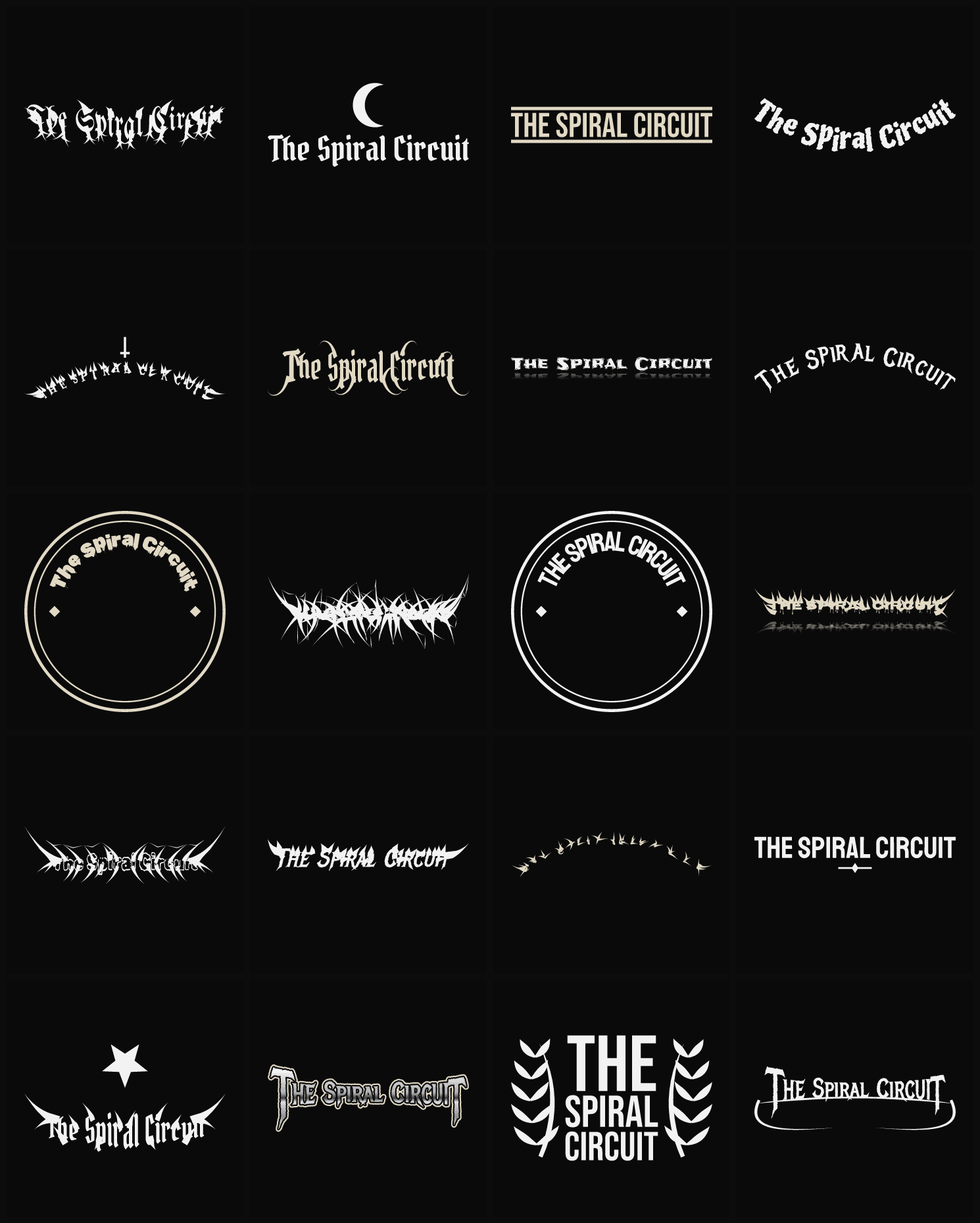Twenty The Spiral Circuit band logo ideas — different faces, treatments and spike settings