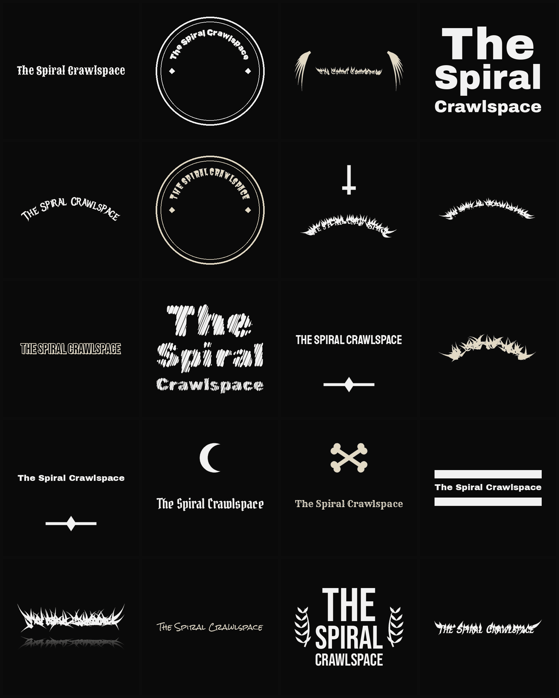 Twenty The Spiral Crawlspace band logo ideas — different faces, treatments and spike settings