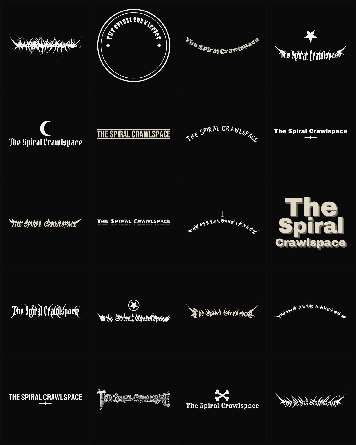 Twenty The Spiral Crawlspace band logo ideas — different faces, treatments and spike settings