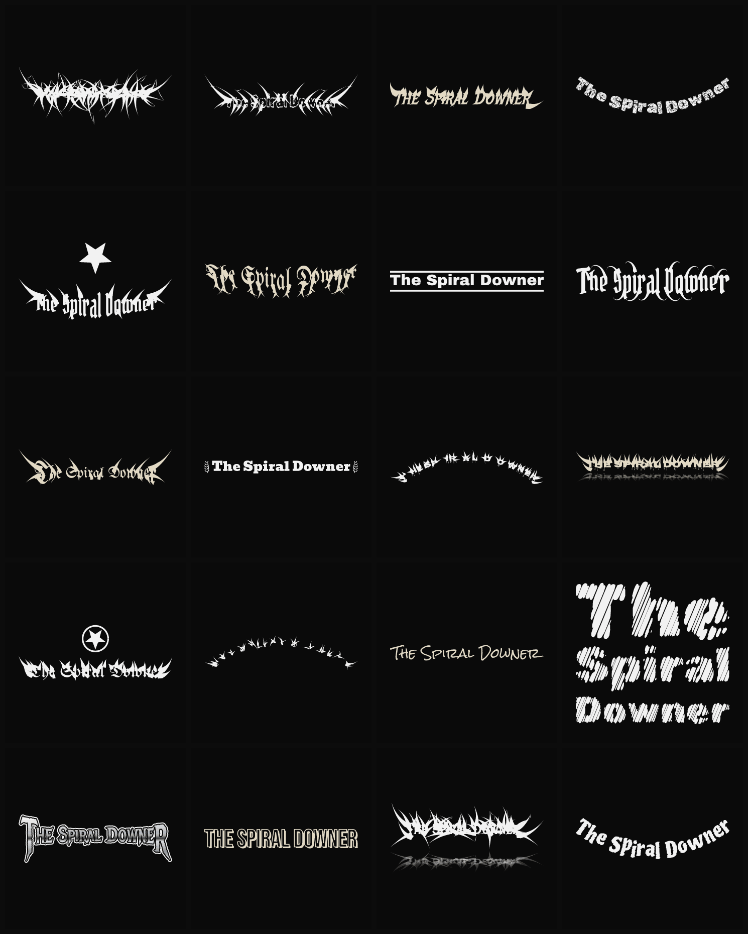 Twenty The Spiral Downer band logo ideas — different faces, treatments and spike settings