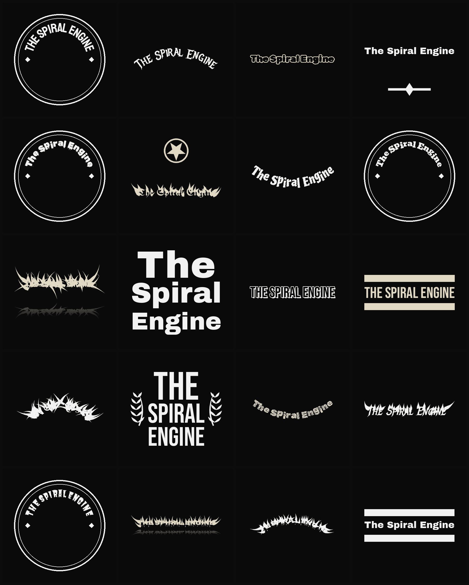 Twenty The Spiral Engine band logo ideas — different faces, treatments and spike settings