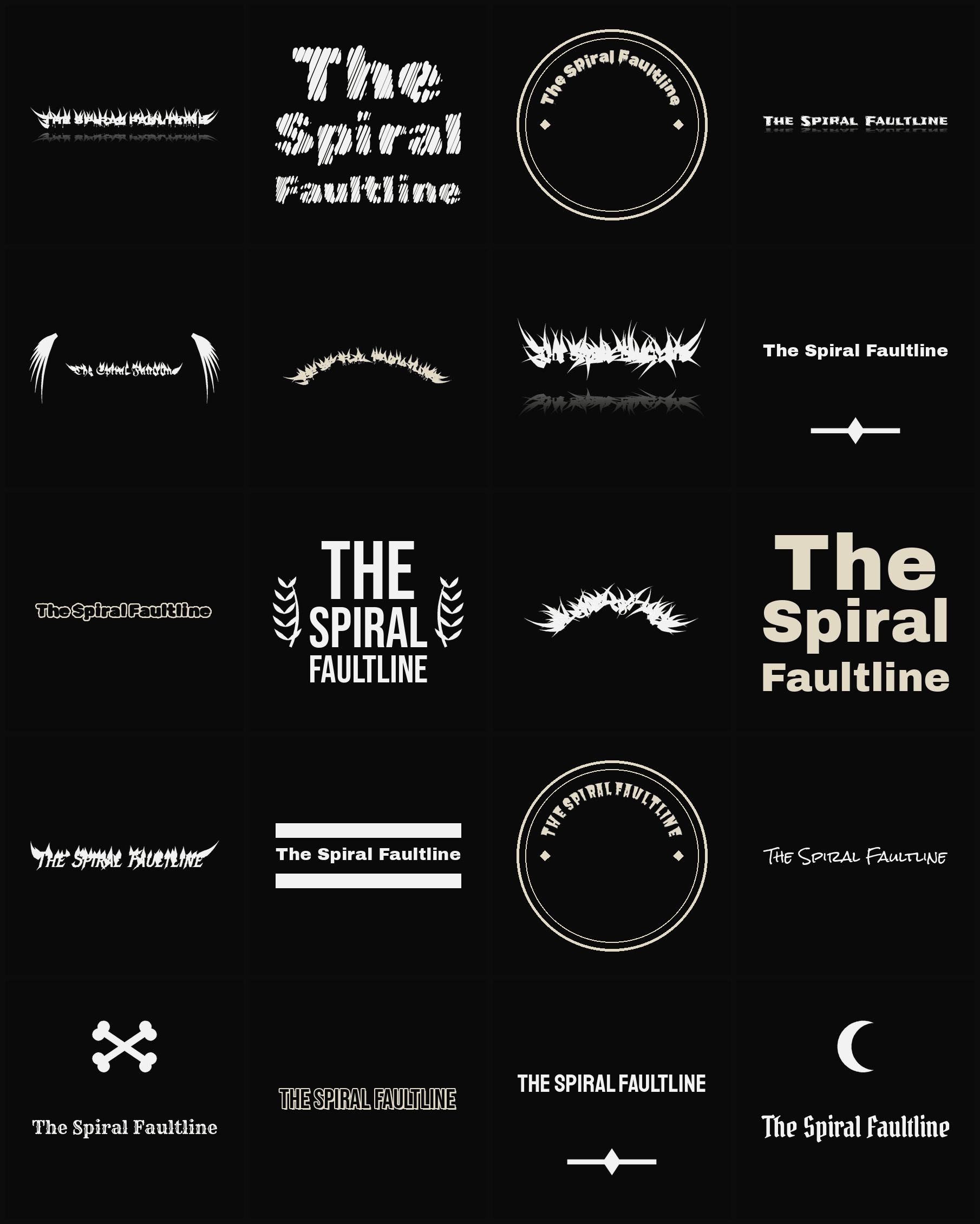 Twenty The Spiral Faultline band logo ideas — different faces, treatments and spike settings