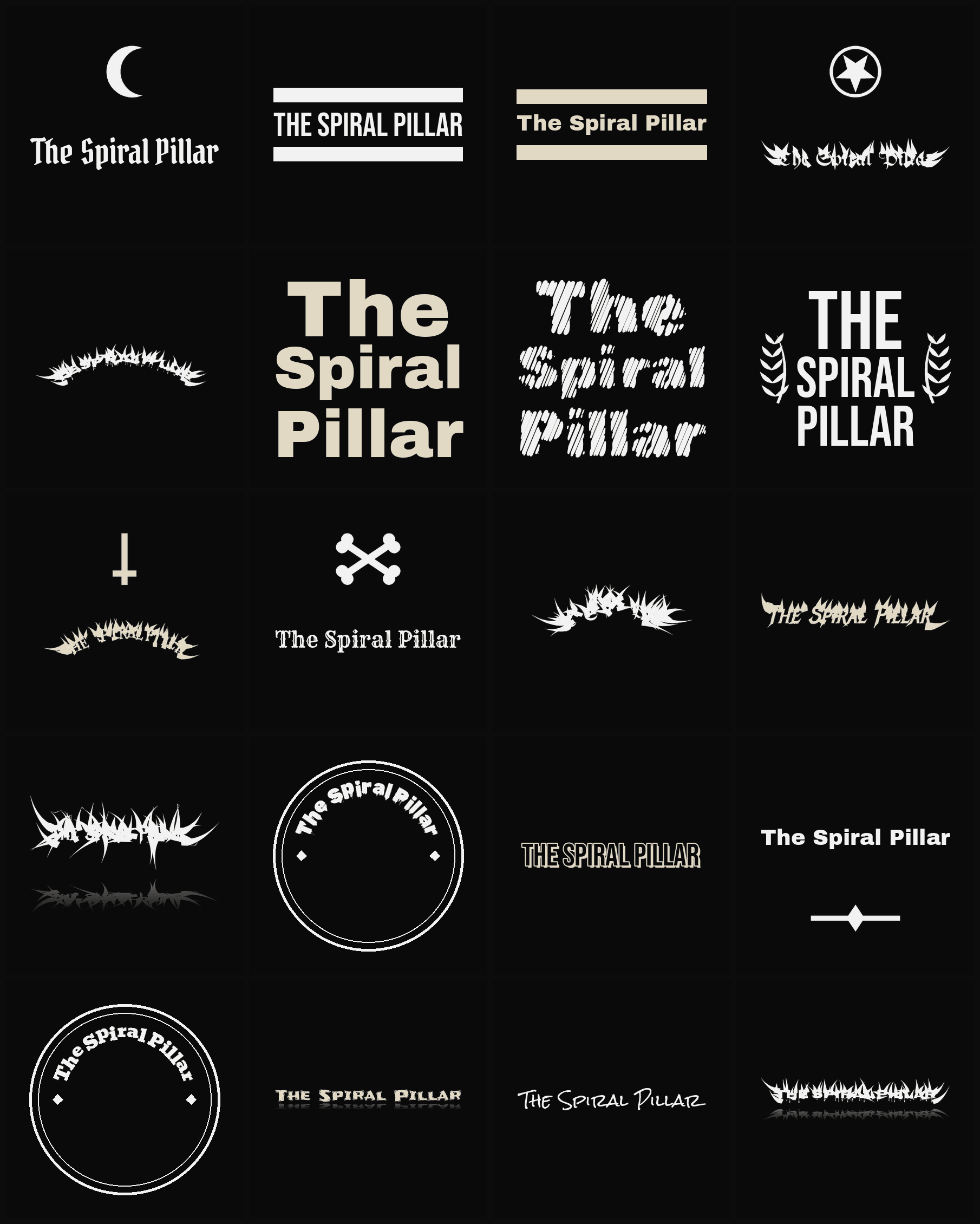 Twenty The Spiral Pillar band logo ideas — different faces, treatments and spike settings
