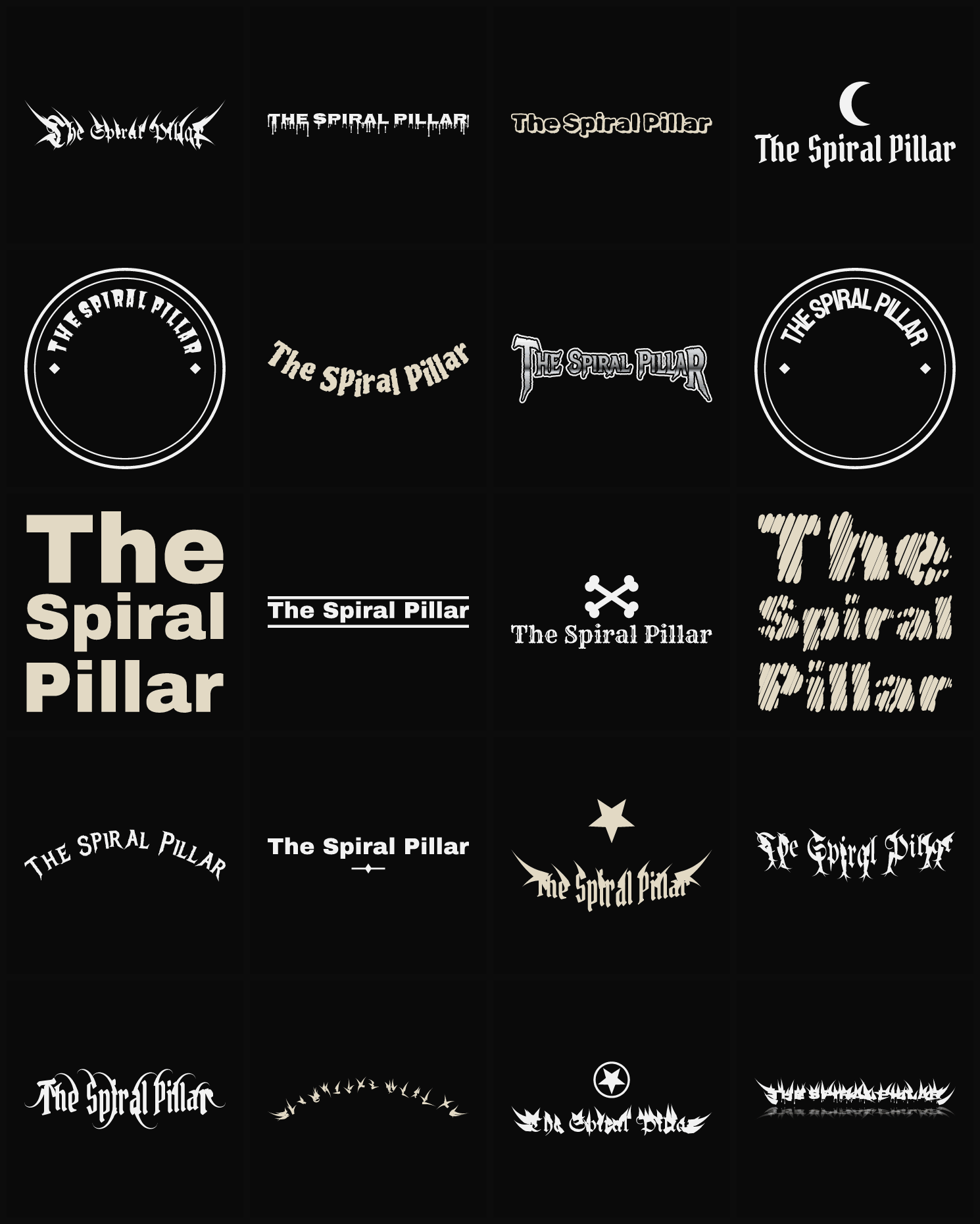 Twenty The Spiral Pillar band logo ideas — different faces, treatments and spike settings