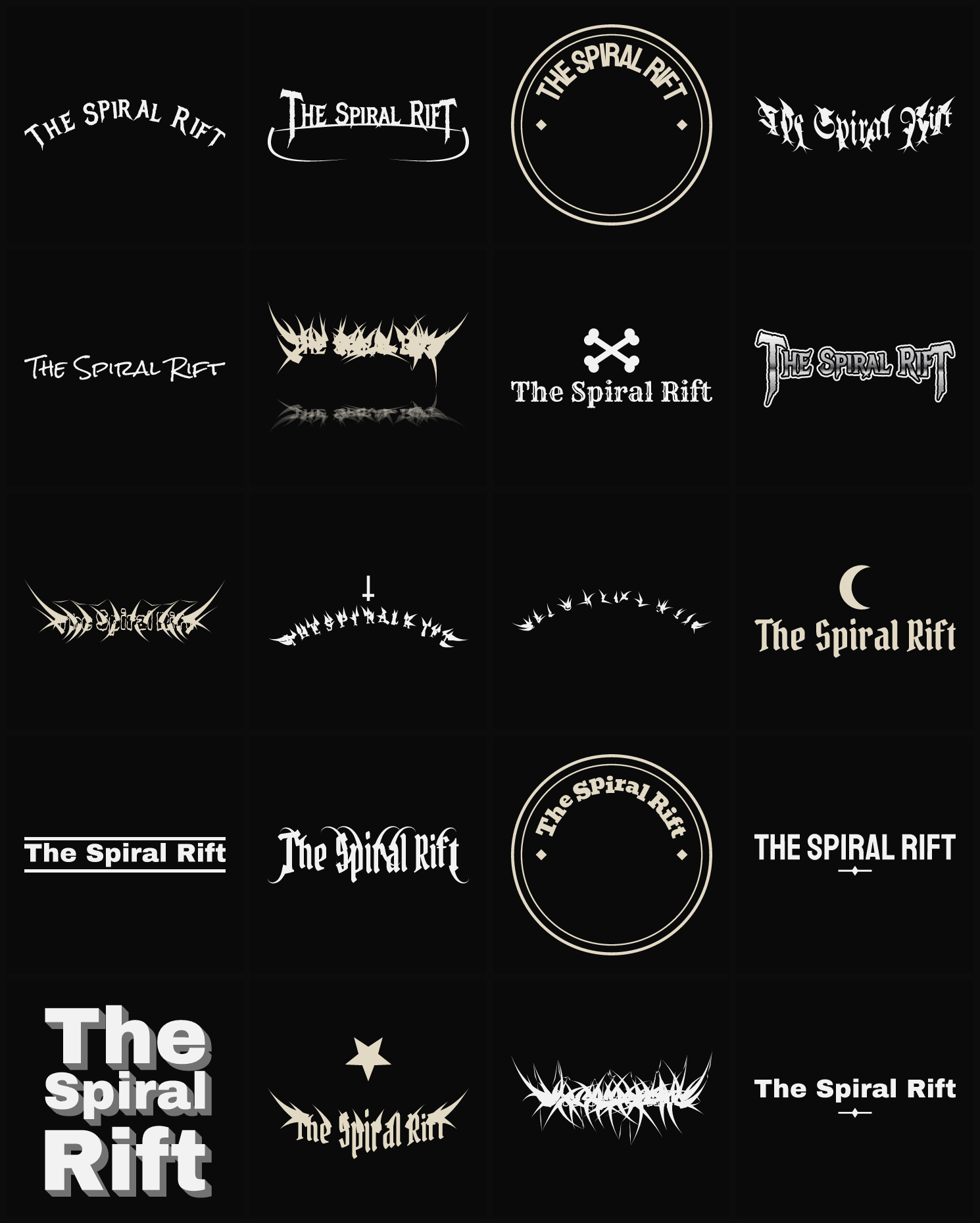 Twenty The Spiral Rift band logo ideas — different faces, treatments and spike settings