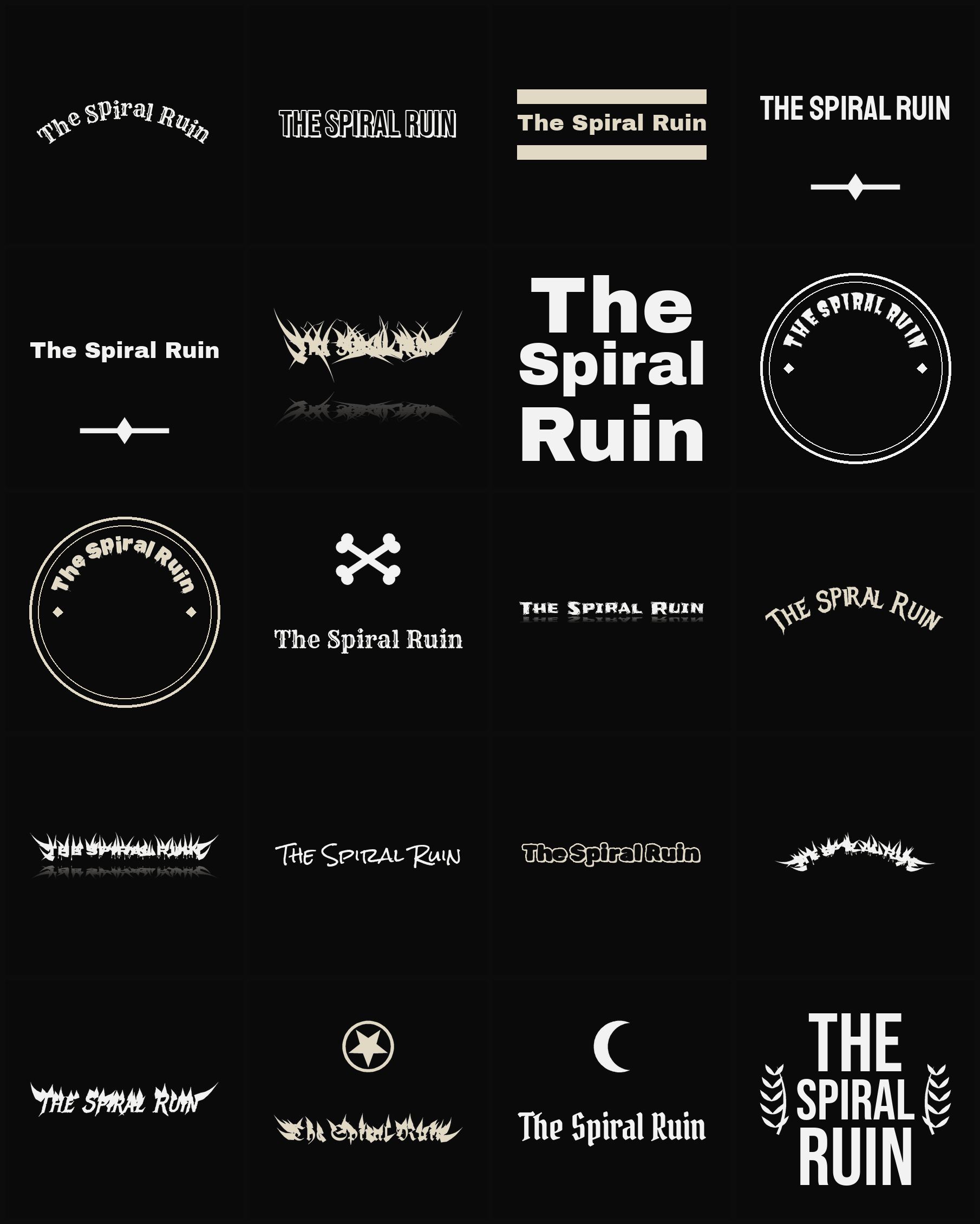 Twenty The Spiral Ruin band logo ideas — different faces, treatments and spike settings