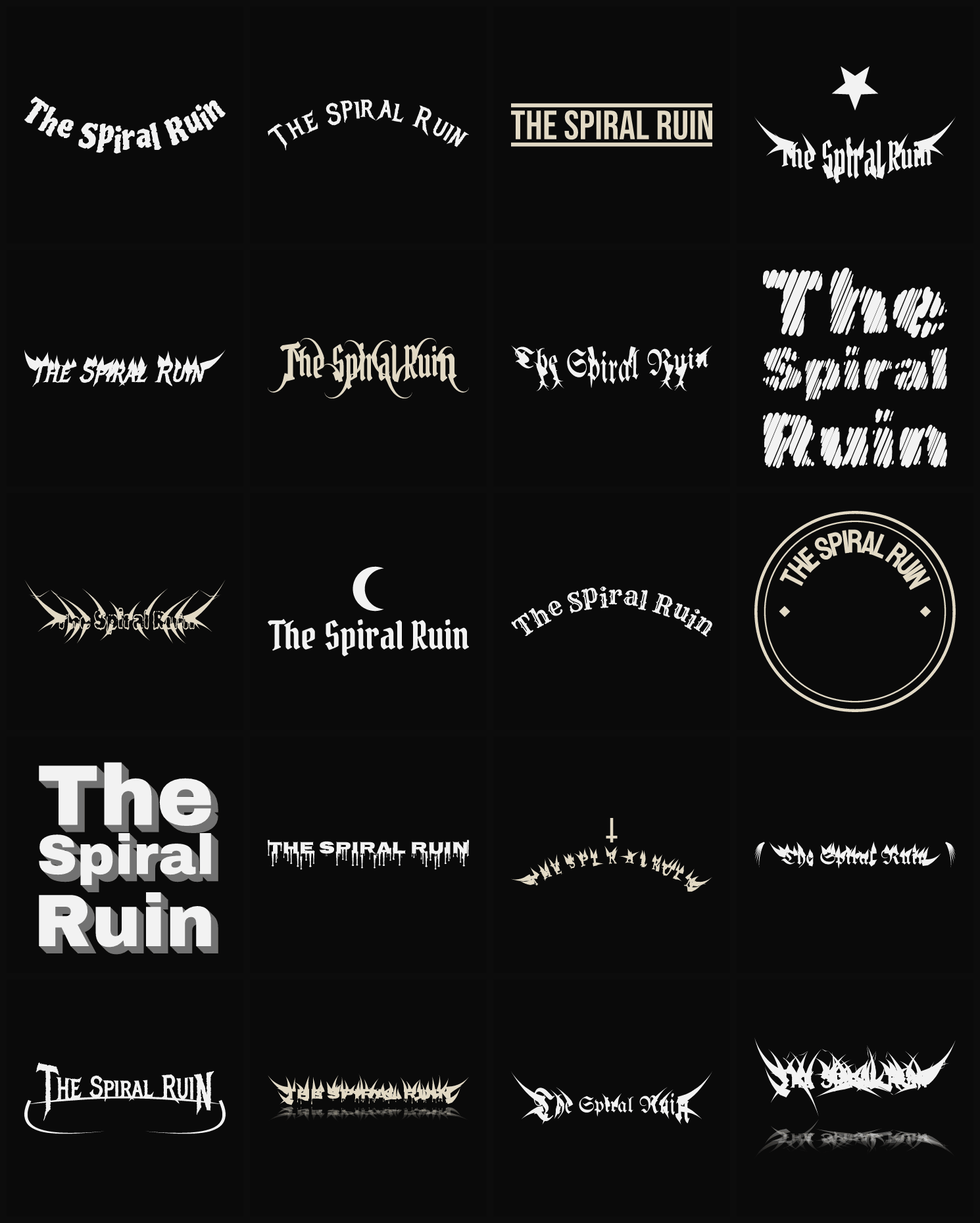 Twenty The Spiral Ruin band logo ideas — different faces, treatments and spike settings