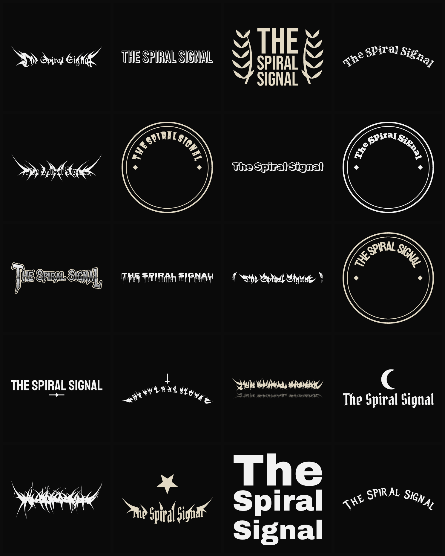 Twenty The Spiral Signal band logo ideas — different faces, treatments and spike settings