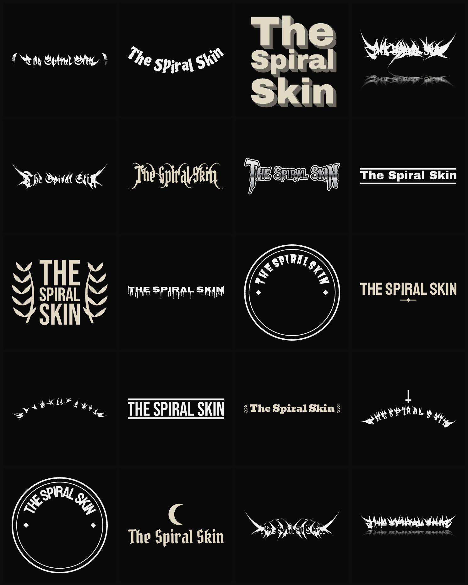 Twenty The Spiral Skin band logo ideas — different faces, treatments and spike settings