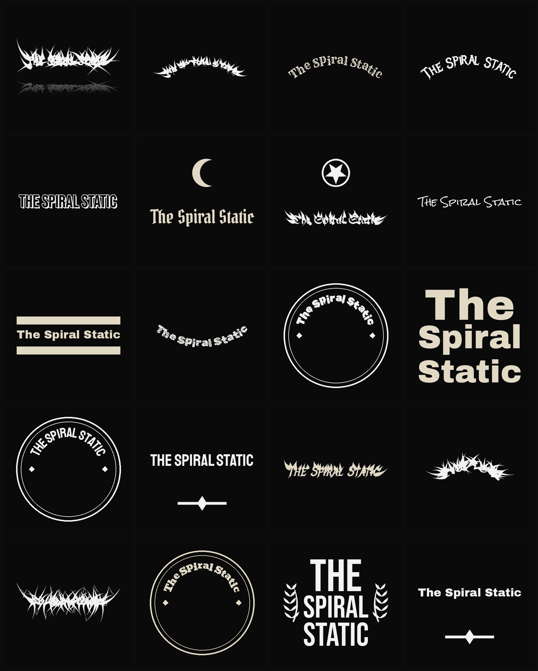 Twenty The Spiral Static band logo ideas — different faces, treatments and spike settings