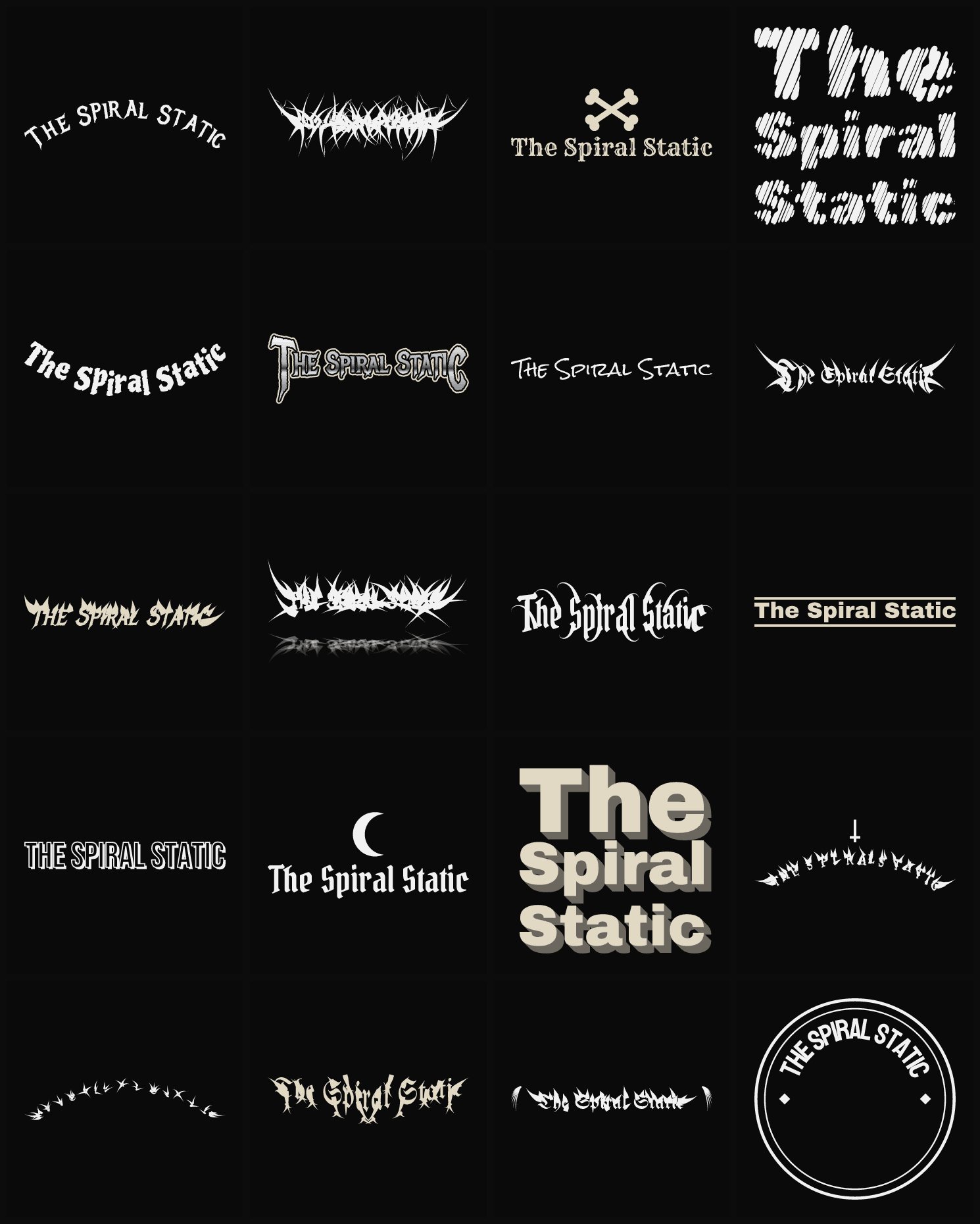 Twenty The Spiral Static band logo ideas — different faces, treatments and spike settings