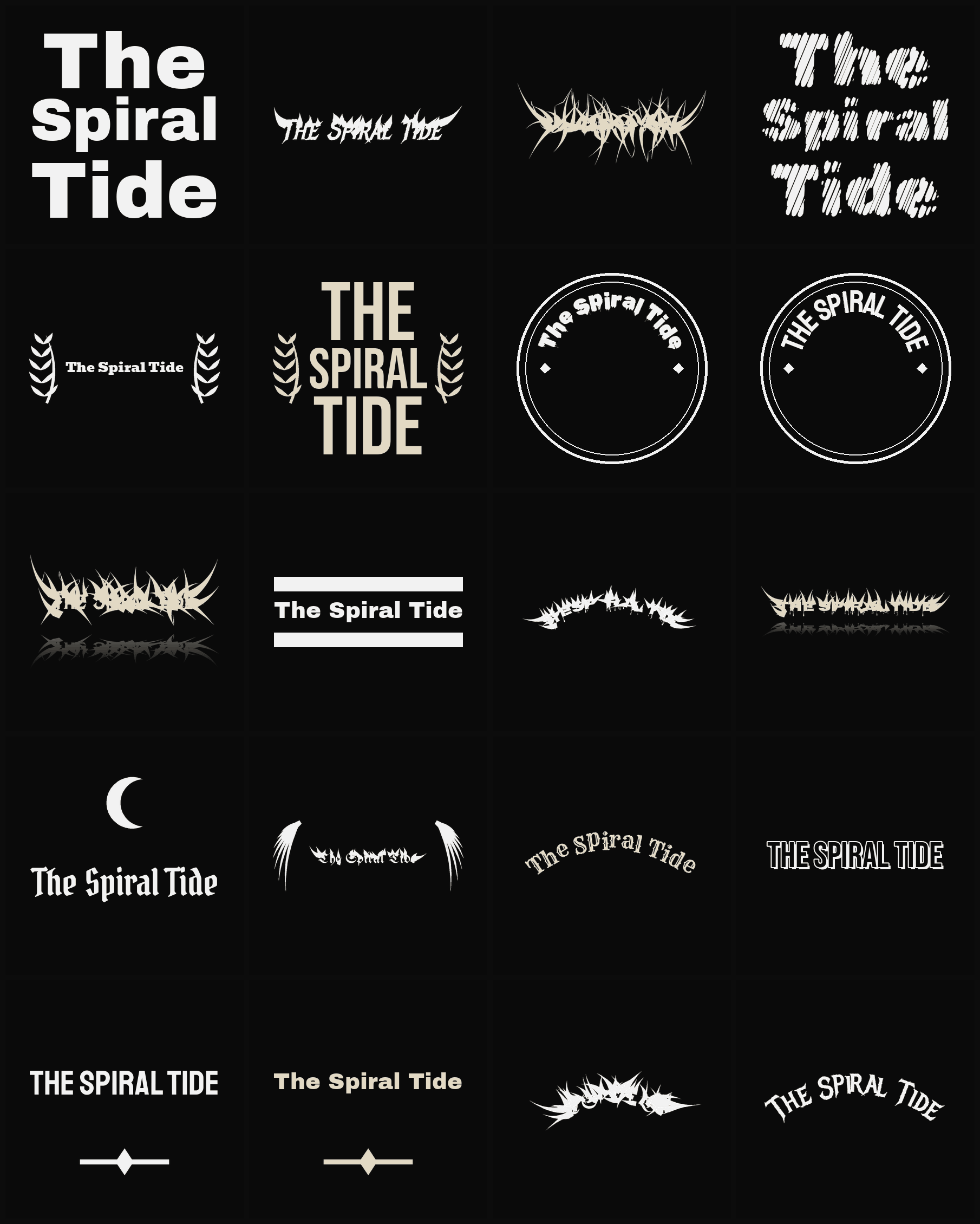 Twenty The Spiral Tide band logo ideas — different faces, treatments and spike settings