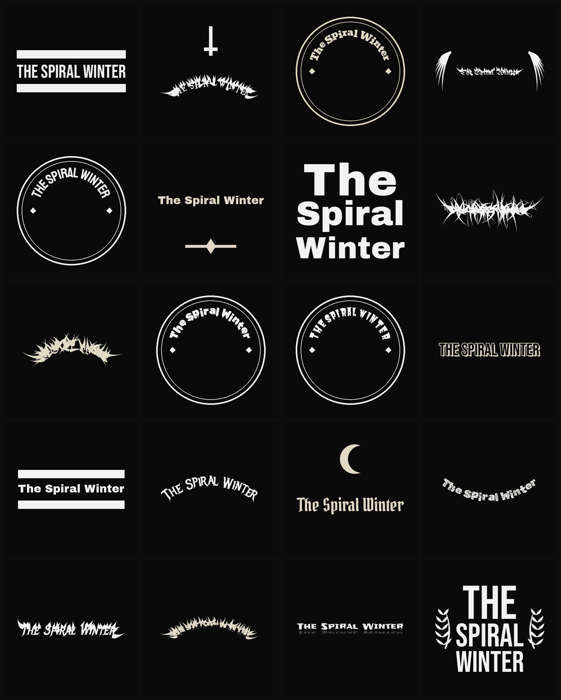 Twenty The Spiral Winter band logo ideas — different faces, treatments and spike settings