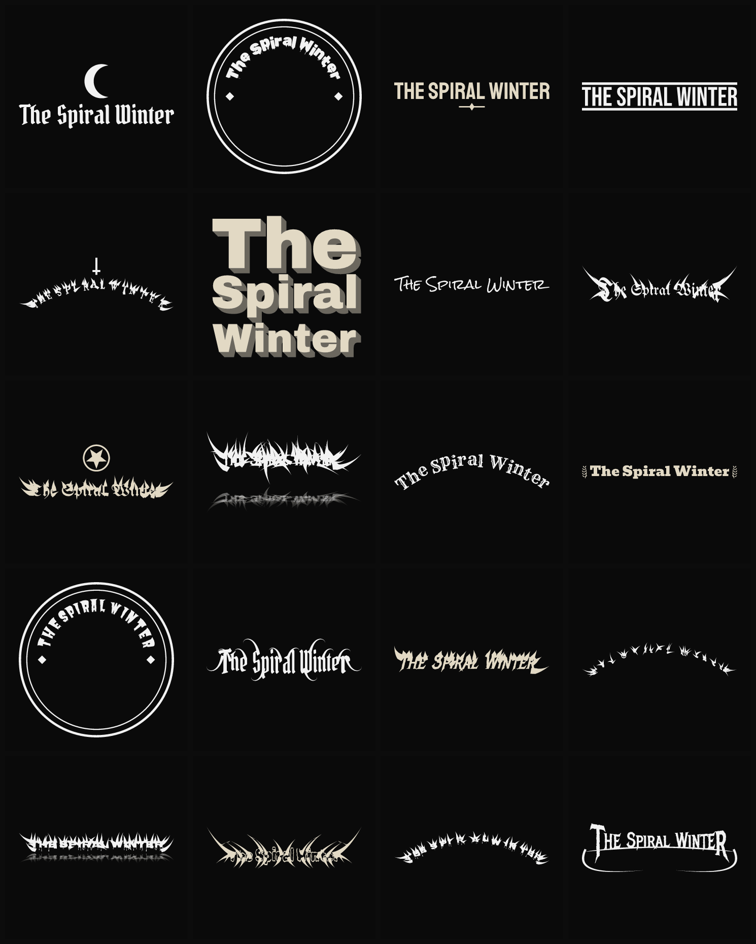 Twenty The Spiral Winter band logo ideas — different faces, treatments and spike settings