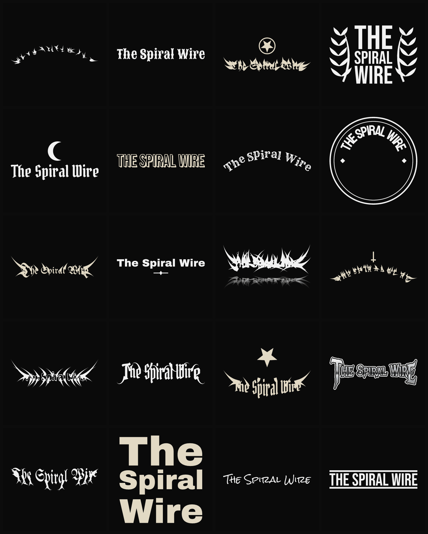 Twenty The Spiral Wire band logo ideas — different faces, treatments and spike settings