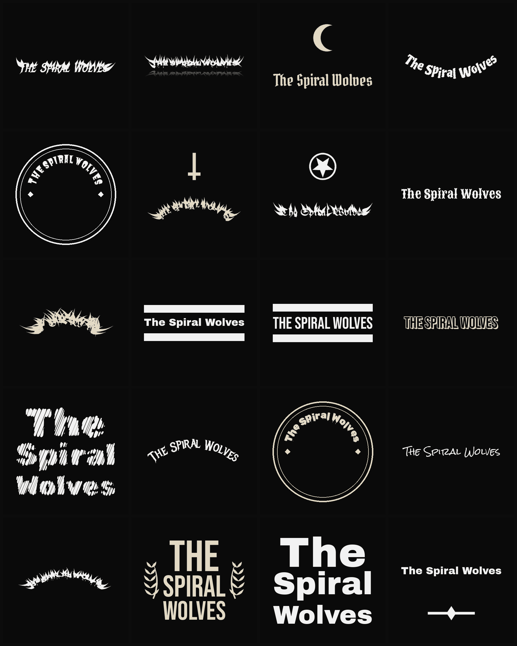 Twenty The Spiral Wolves band logo ideas — different faces, treatments and spike settings