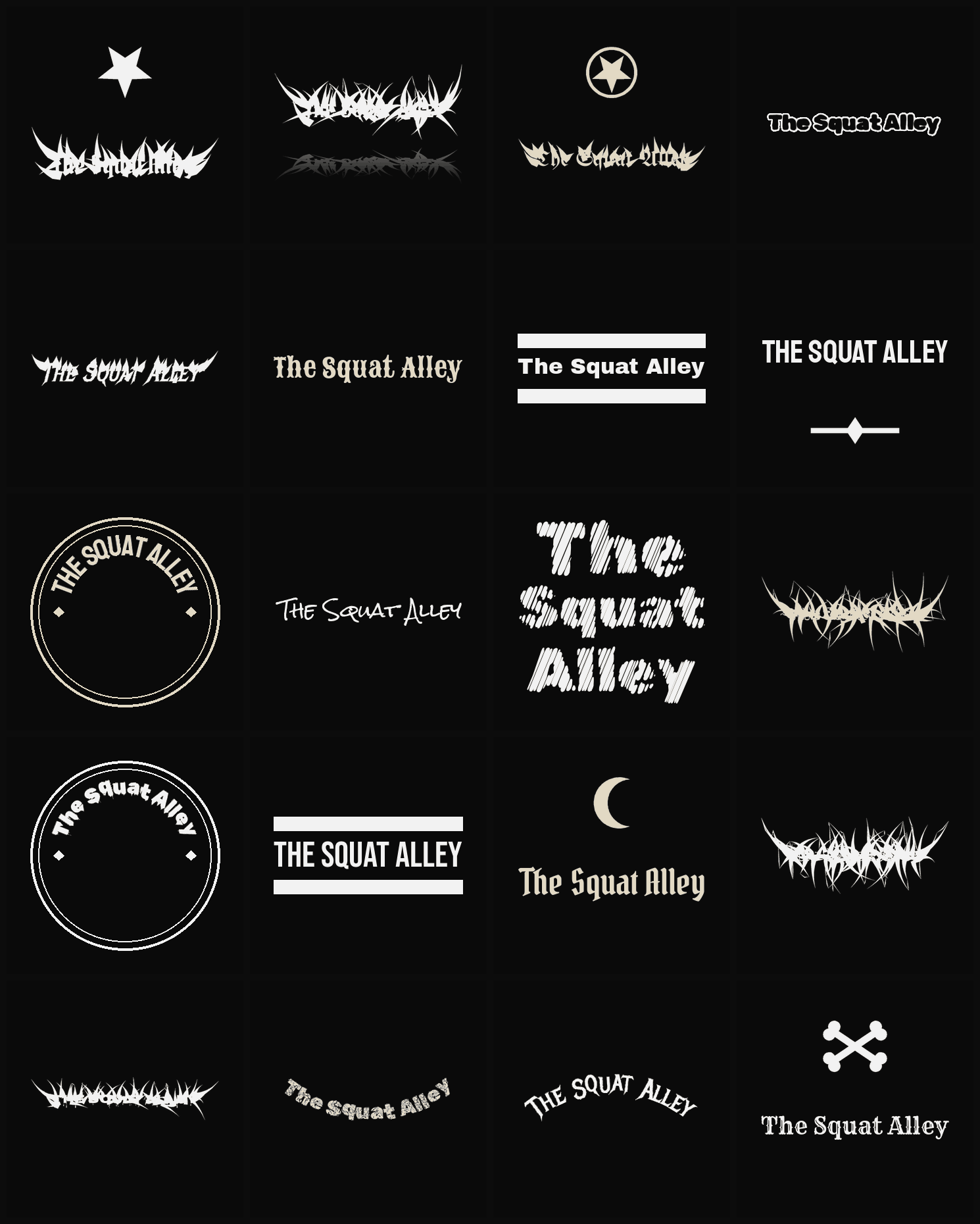 Twenty The Squat Alley band logo ideas — different faces, treatments and spike settings