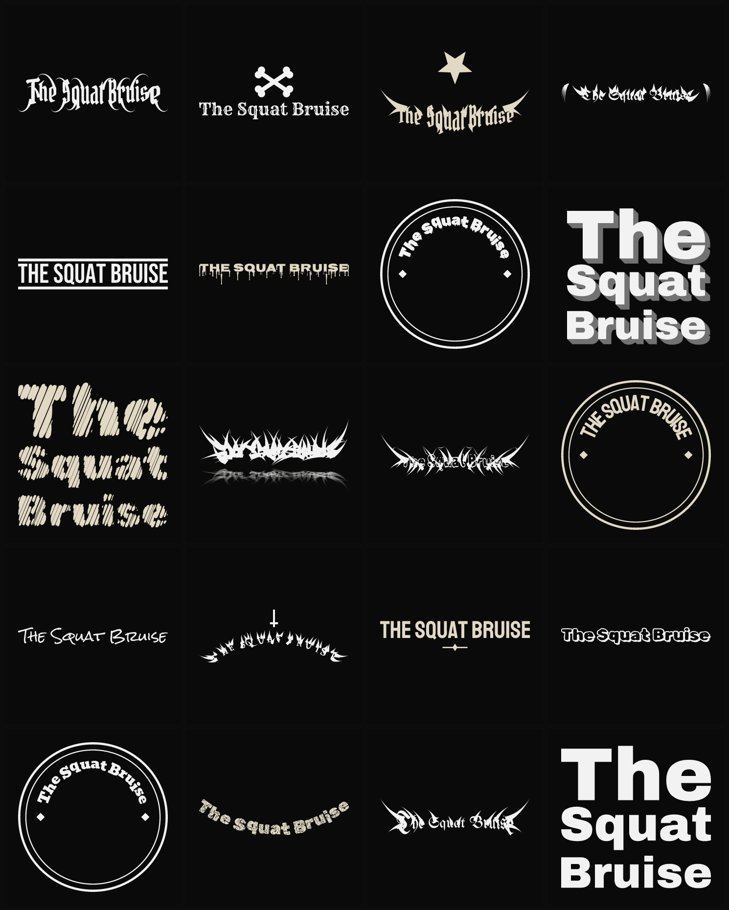 Twenty The Squat Bruise band logo ideas — different faces, treatments and spike settings