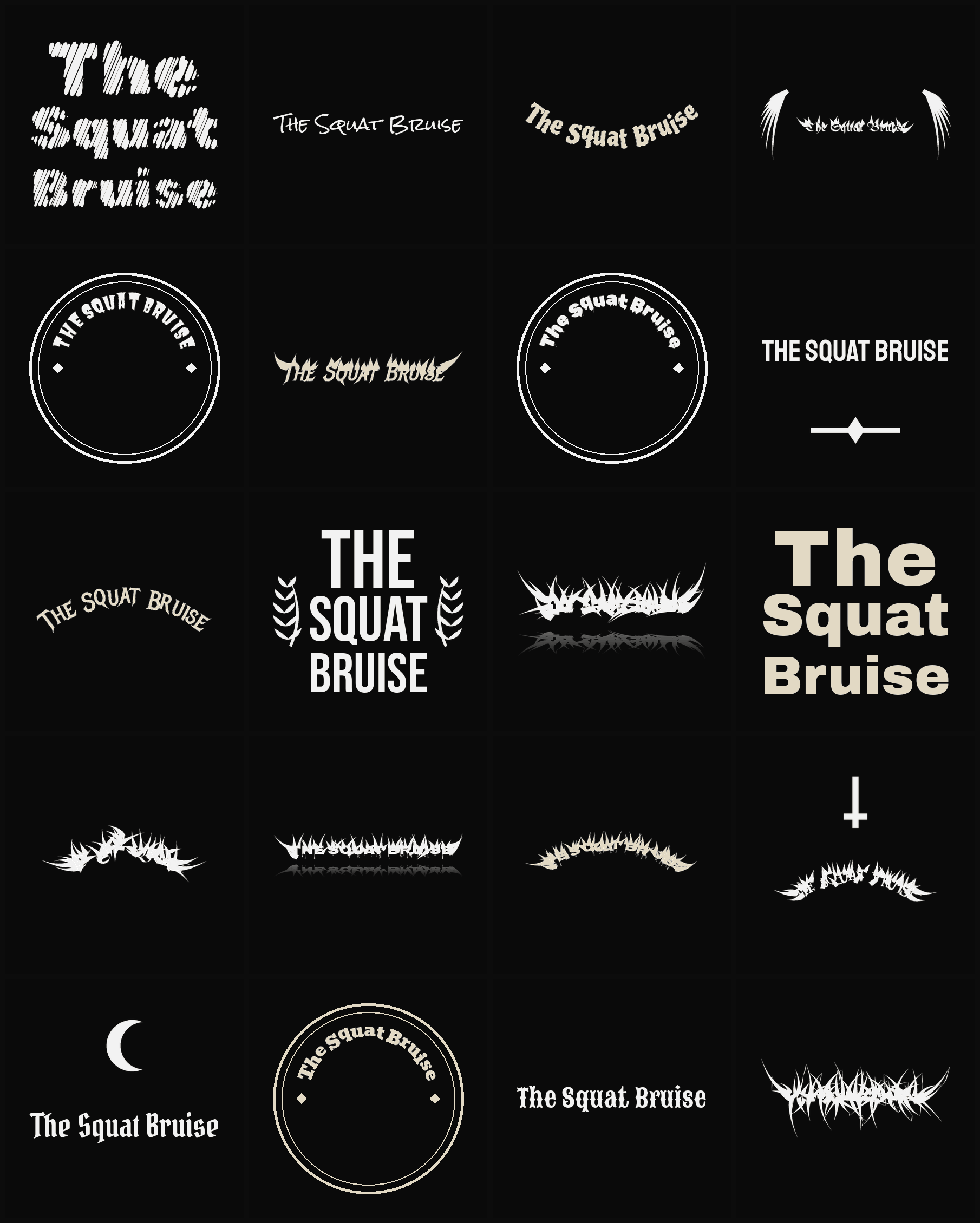 Twenty The Squat Bruise band logo ideas — different faces, treatments and spike settings