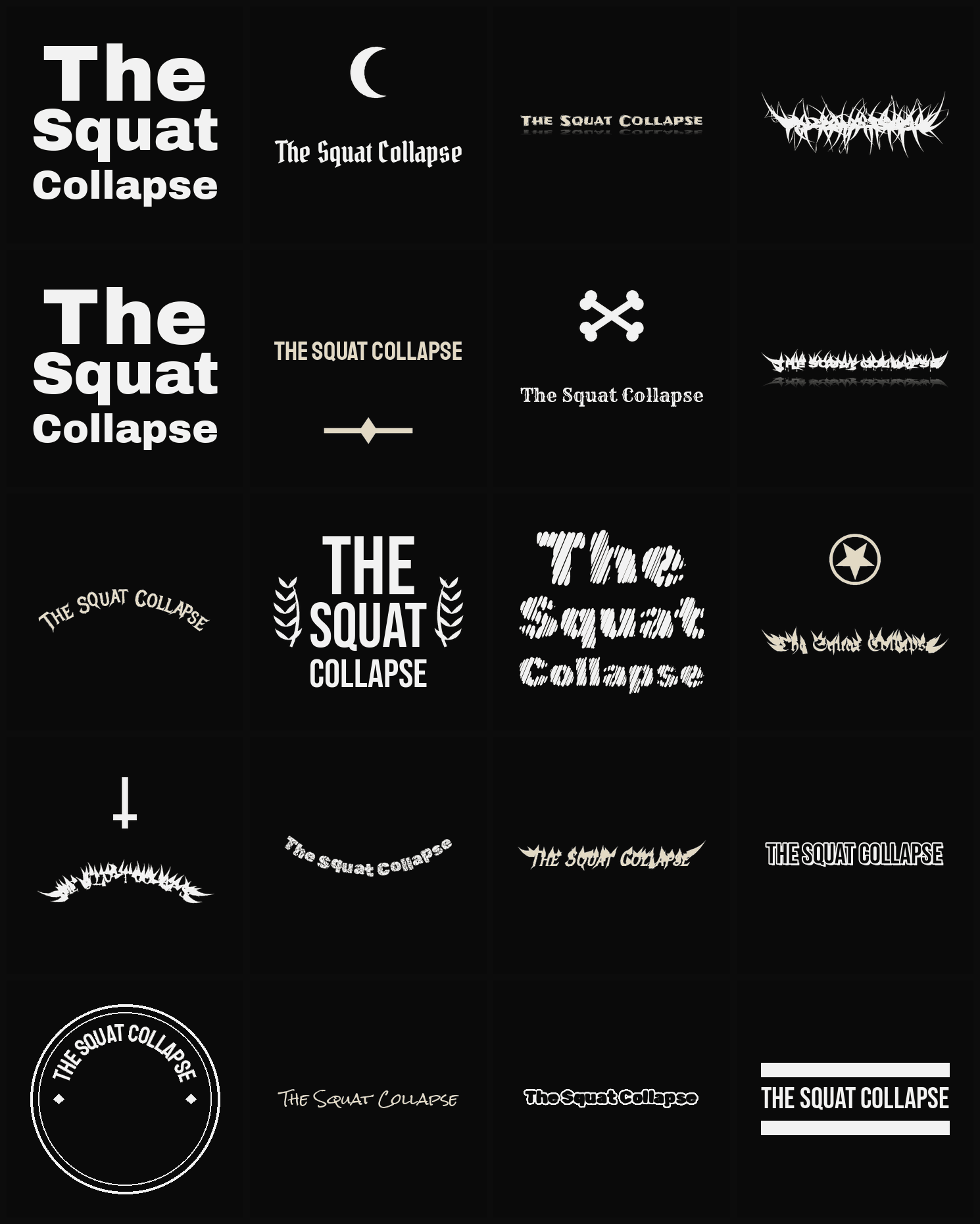Twenty The Squat Collapse band logo ideas — different faces, treatments and spike settings