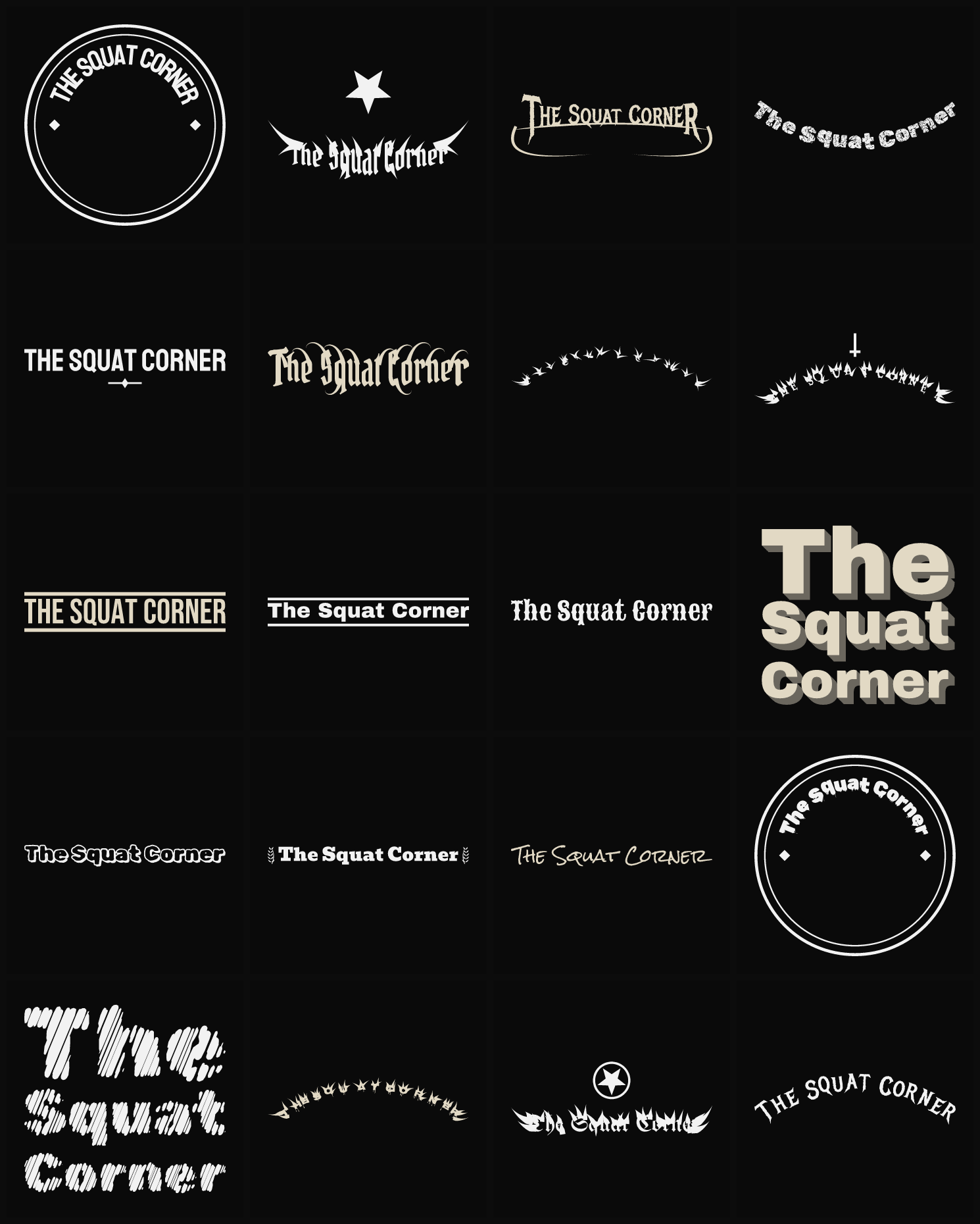 Twenty The Squat Corner band logo ideas — different faces, treatments and spike settings