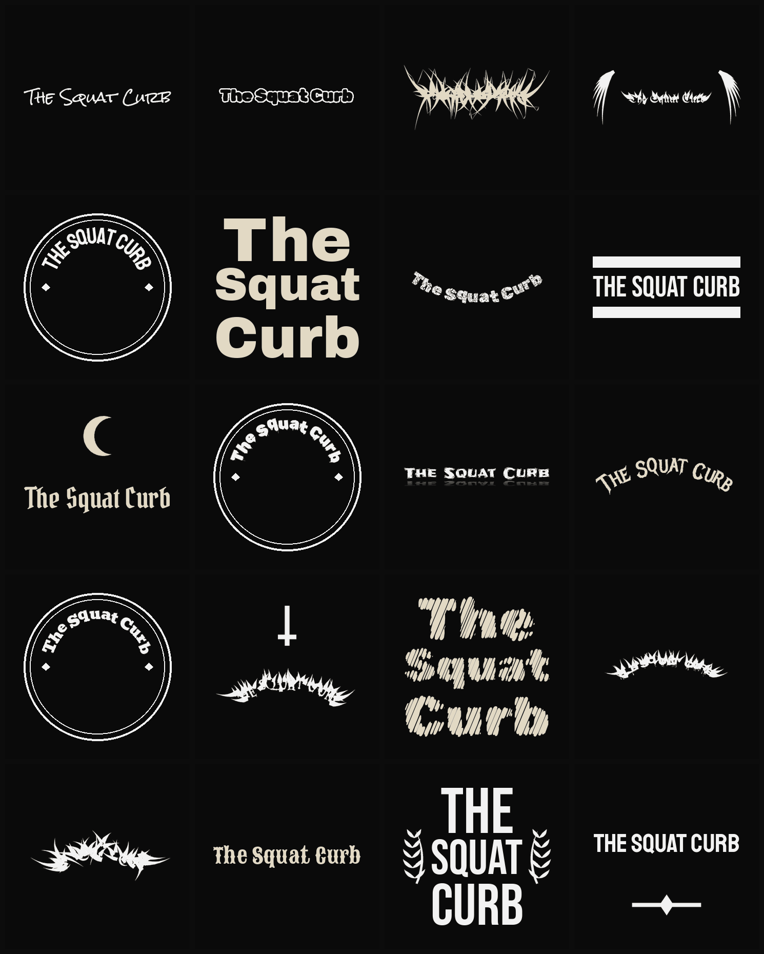 Twenty The Squat Curb band logo ideas — different faces, treatments and spike settings