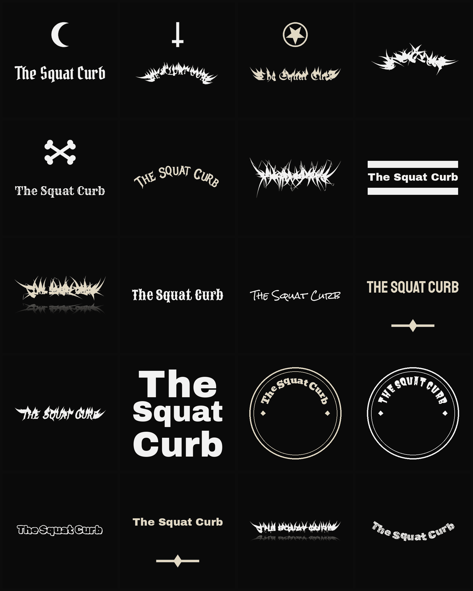 Twenty The Squat Curb band logo ideas — different faces, treatments and spike settings