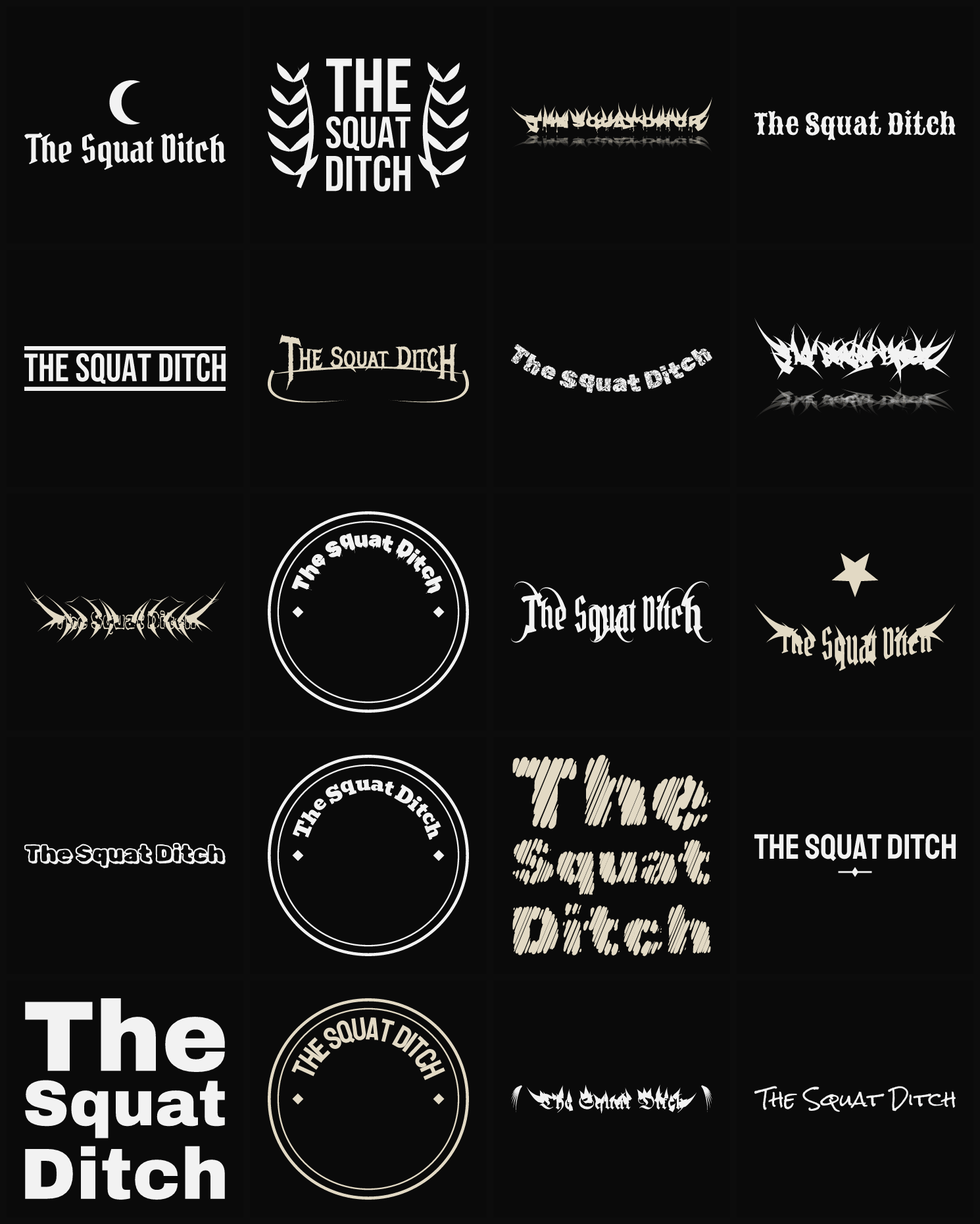 Twenty The Squat Ditch band logo ideas — different faces, treatments and spike settings
