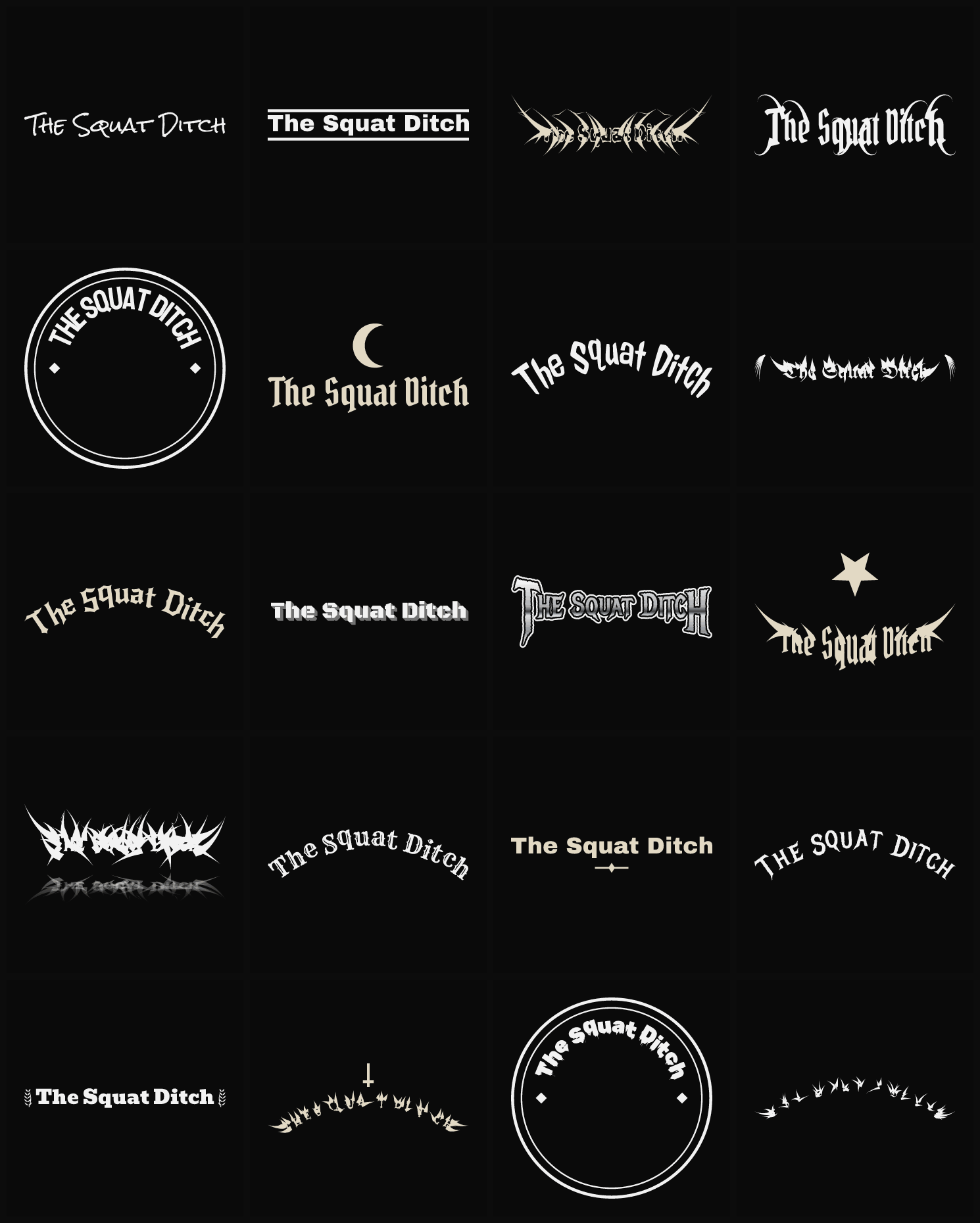 Twenty The Squat Ditch band logo ideas — different faces, treatments and spike settings