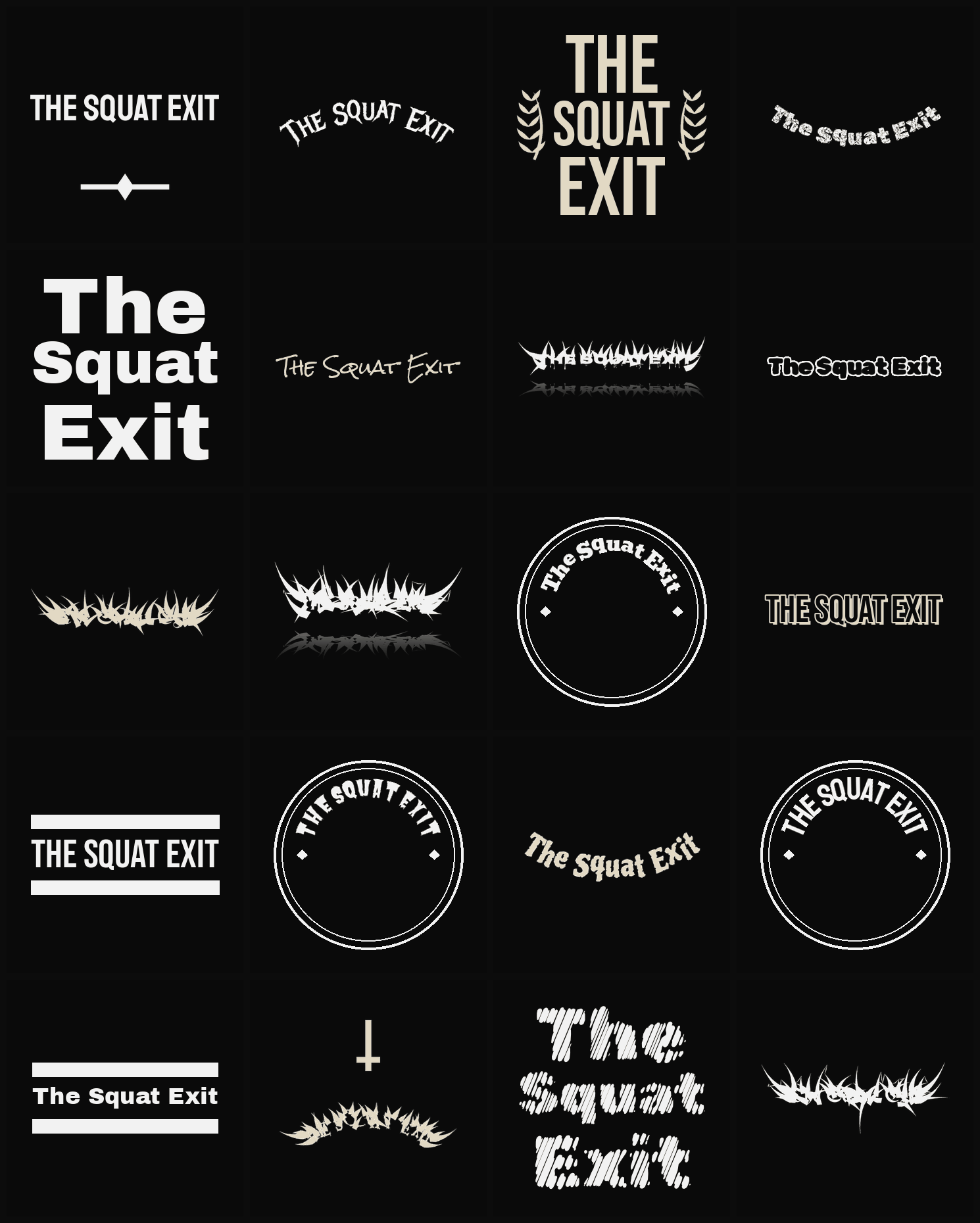 Twenty The Squat Exit band logo ideas — different faces, treatments and spike settings