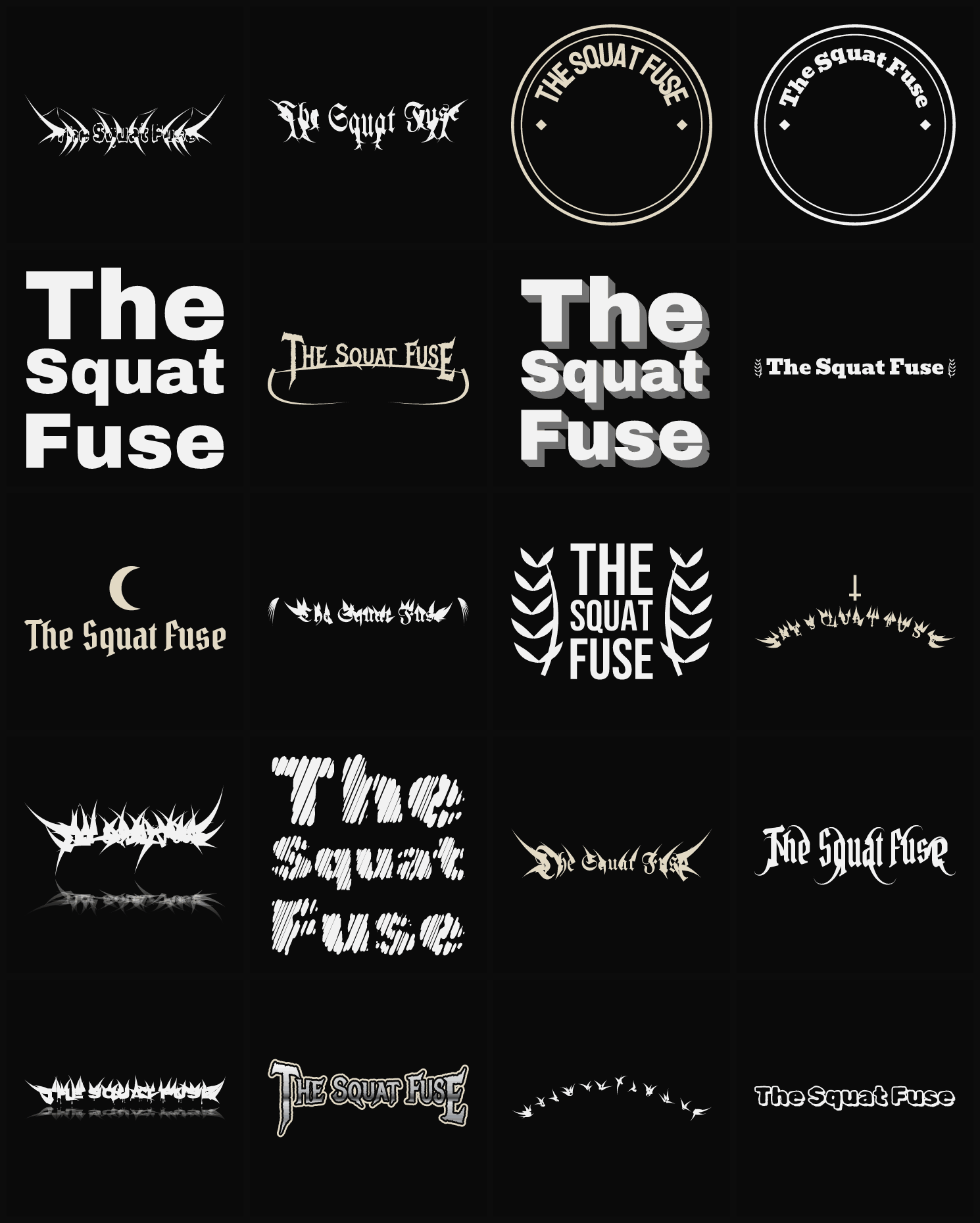 Twenty The Squat Fuse band logo ideas — different faces, treatments and spike settings