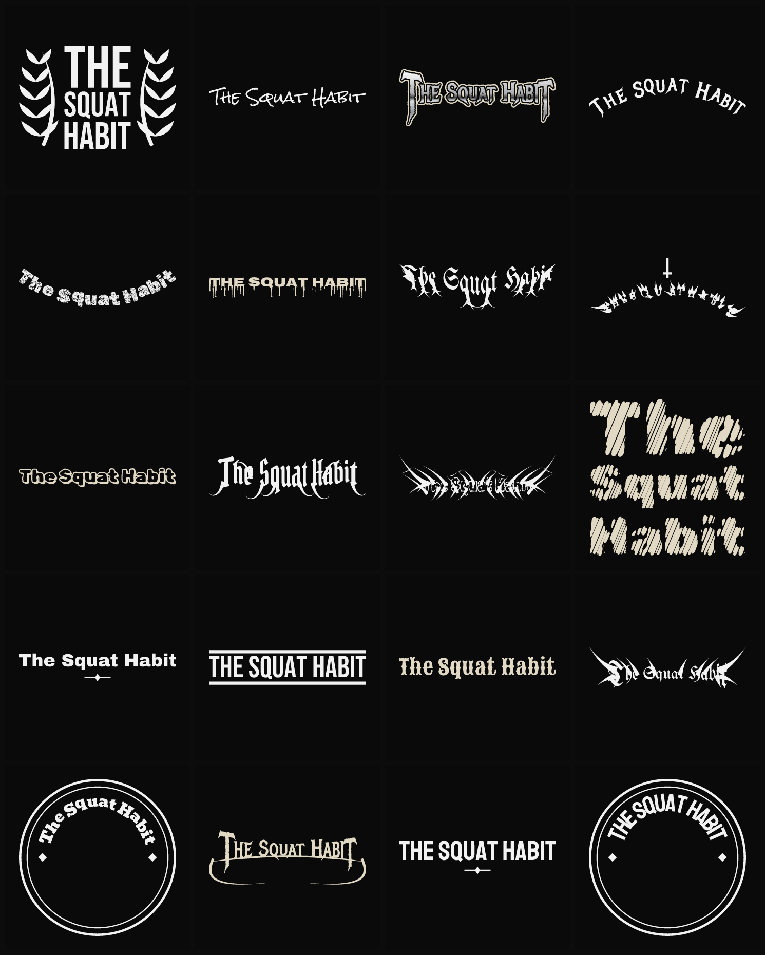 Twenty The Squat Habit band logo ideas — different faces, treatments and spike settings