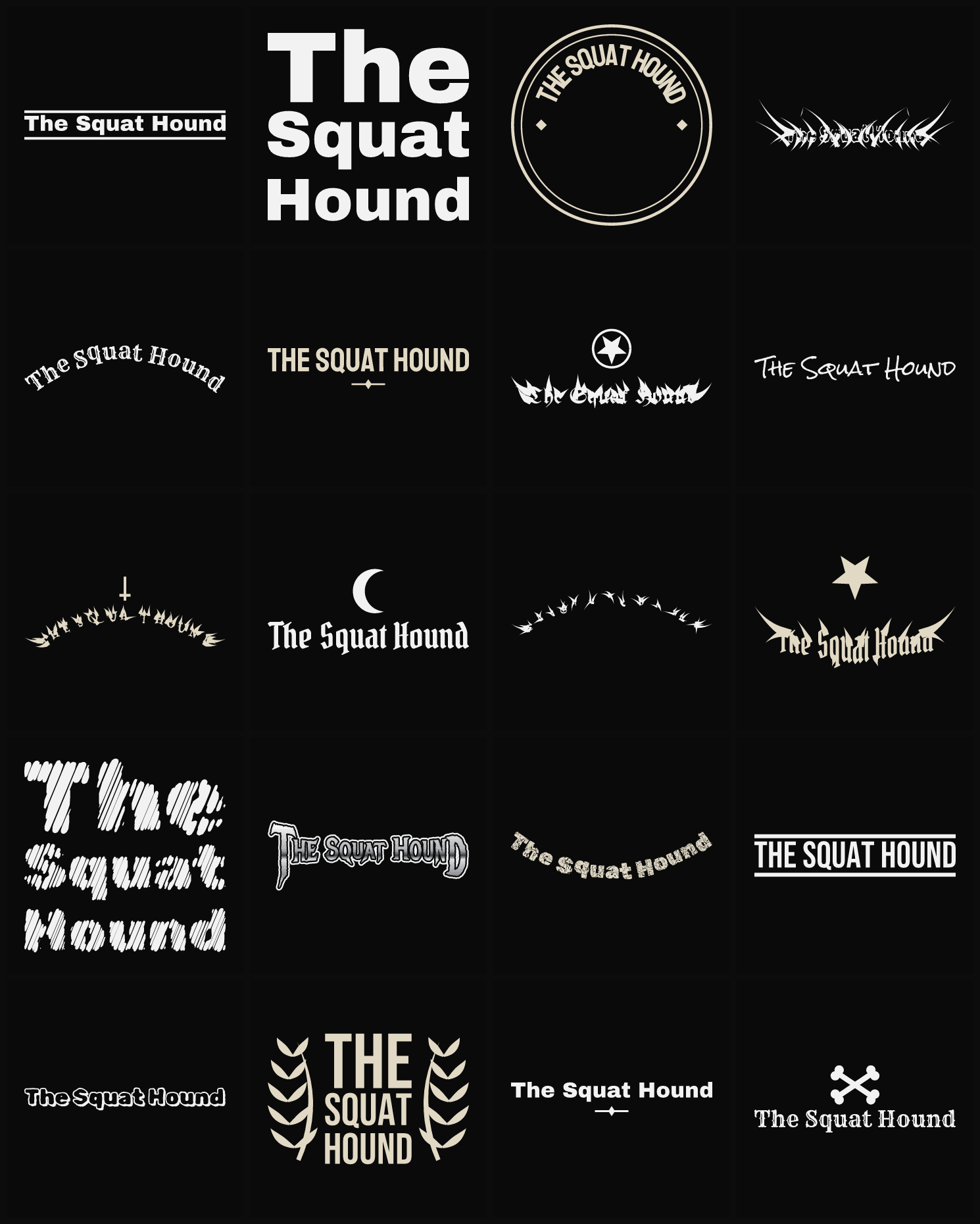 Twenty The Squat Hound band logo ideas — different faces, treatments and spike settings