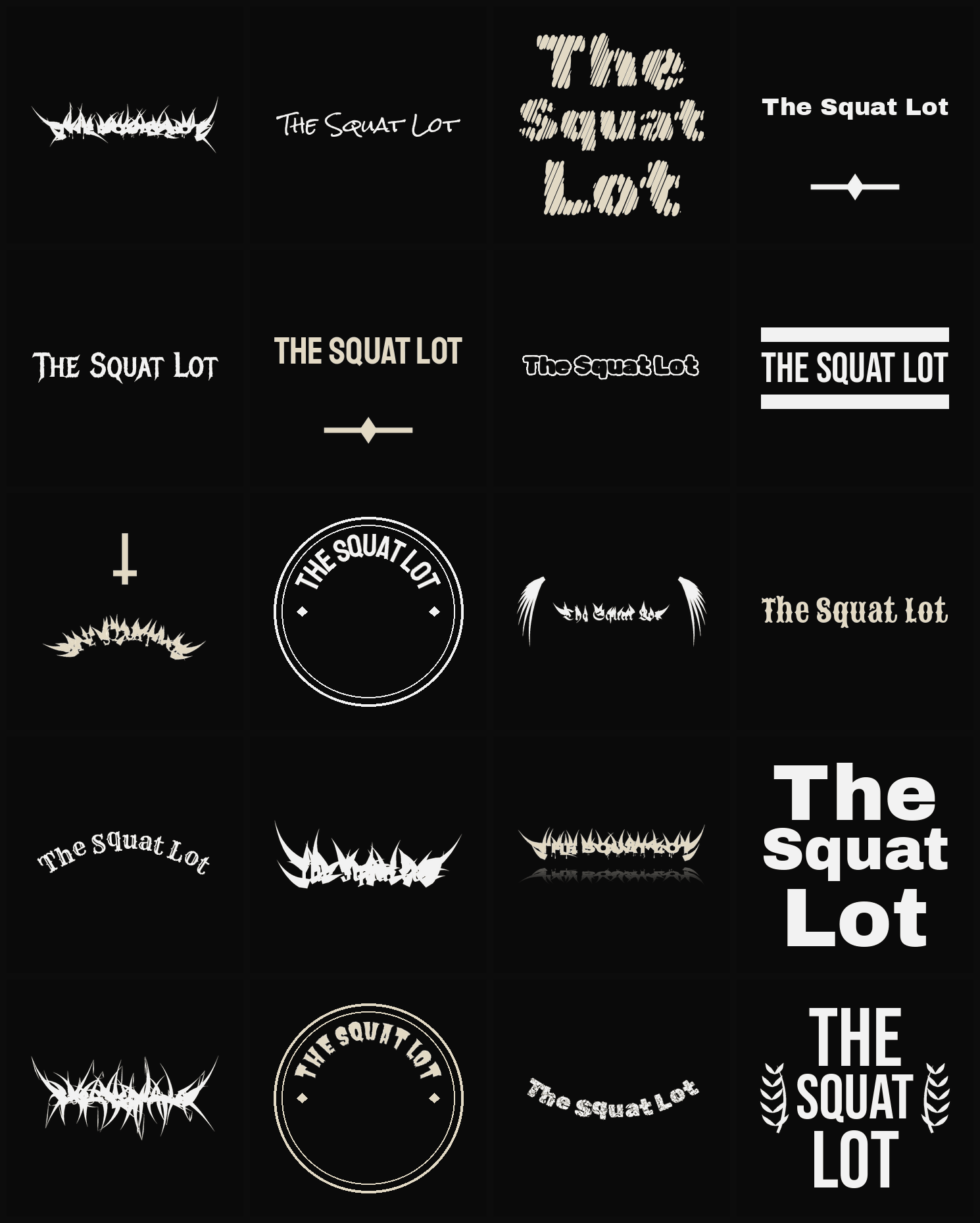 Twenty The Squat Lot band logo ideas — different faces, treatments and spike settings