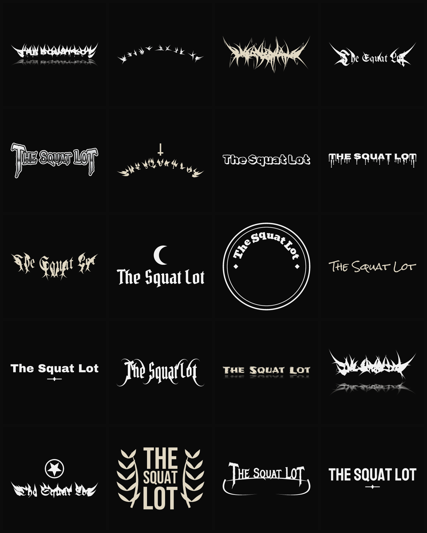 Twenty The Squat Lot band logo ideas — different faces, treatments and spike settings