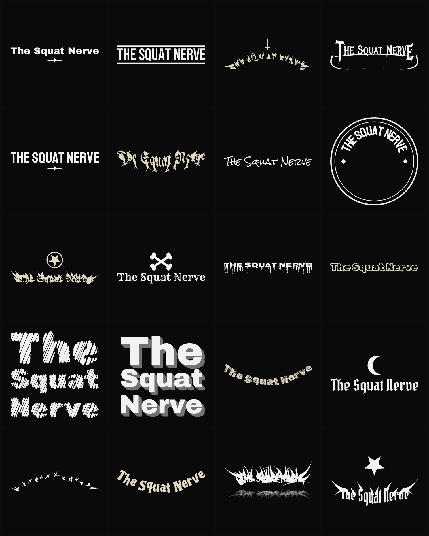Twenty The Squat Nerve band logo ideas — different faces, treatments and spike settings