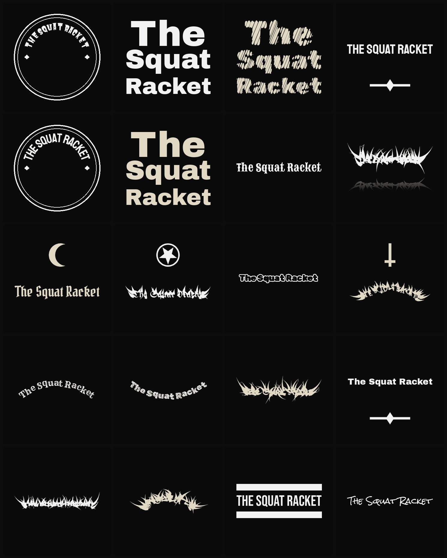 Twenty The Squat Racket band logo ideas — different faces, treatments and spike settings