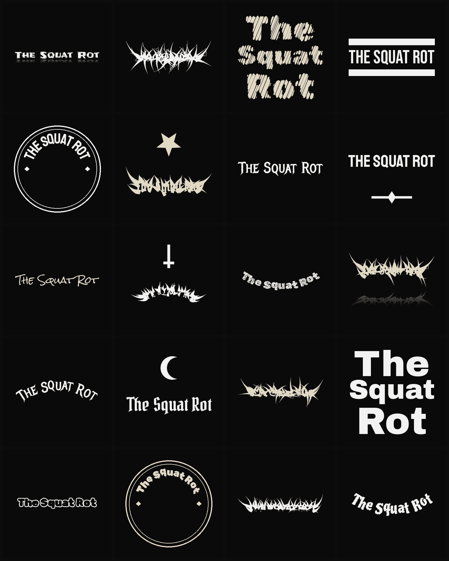 Twenty The Squat Rot band logo ideas — different faces, treatments and spike settings
