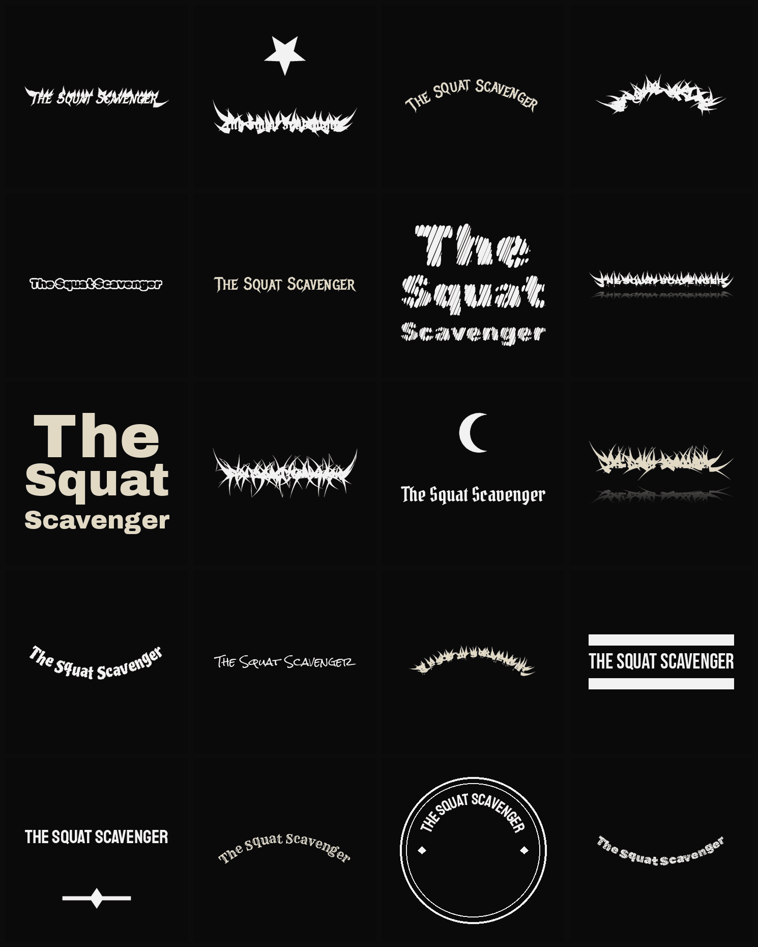 Twenty The Squat Scavenger band logo ideas — different faces, treatments and spike settings